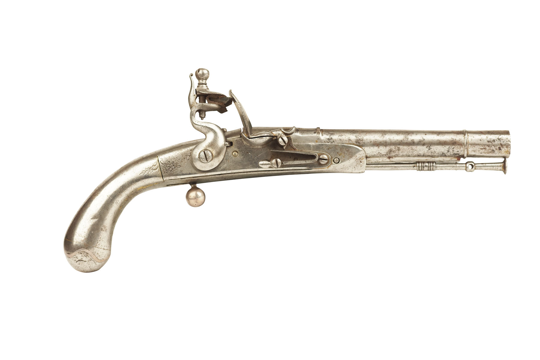 SCOTTISH FLINTLOCK STEEL AND SILVER LOBE BUTT PISTOL