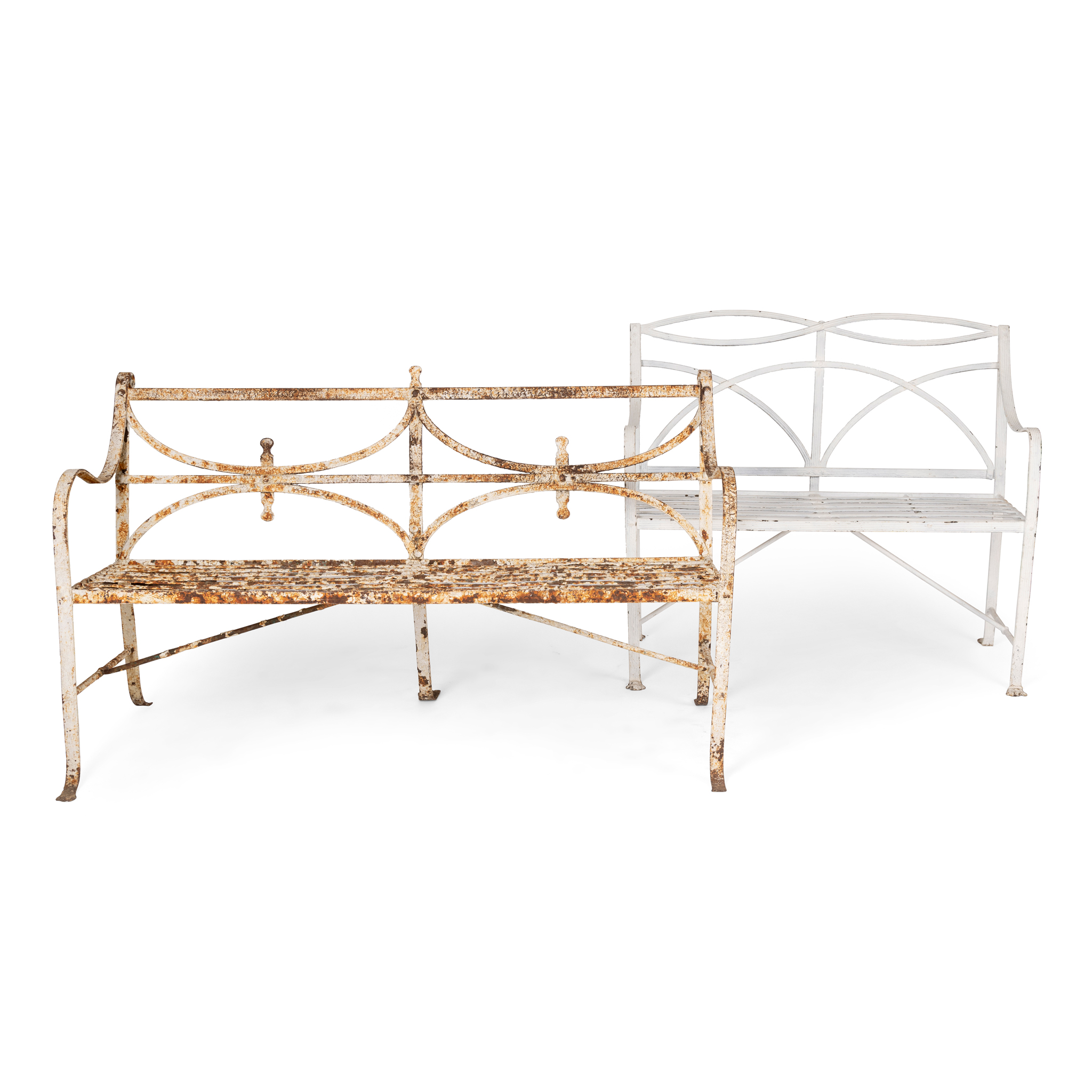 TWO WROUGHT IRON GARDEN BENCHES