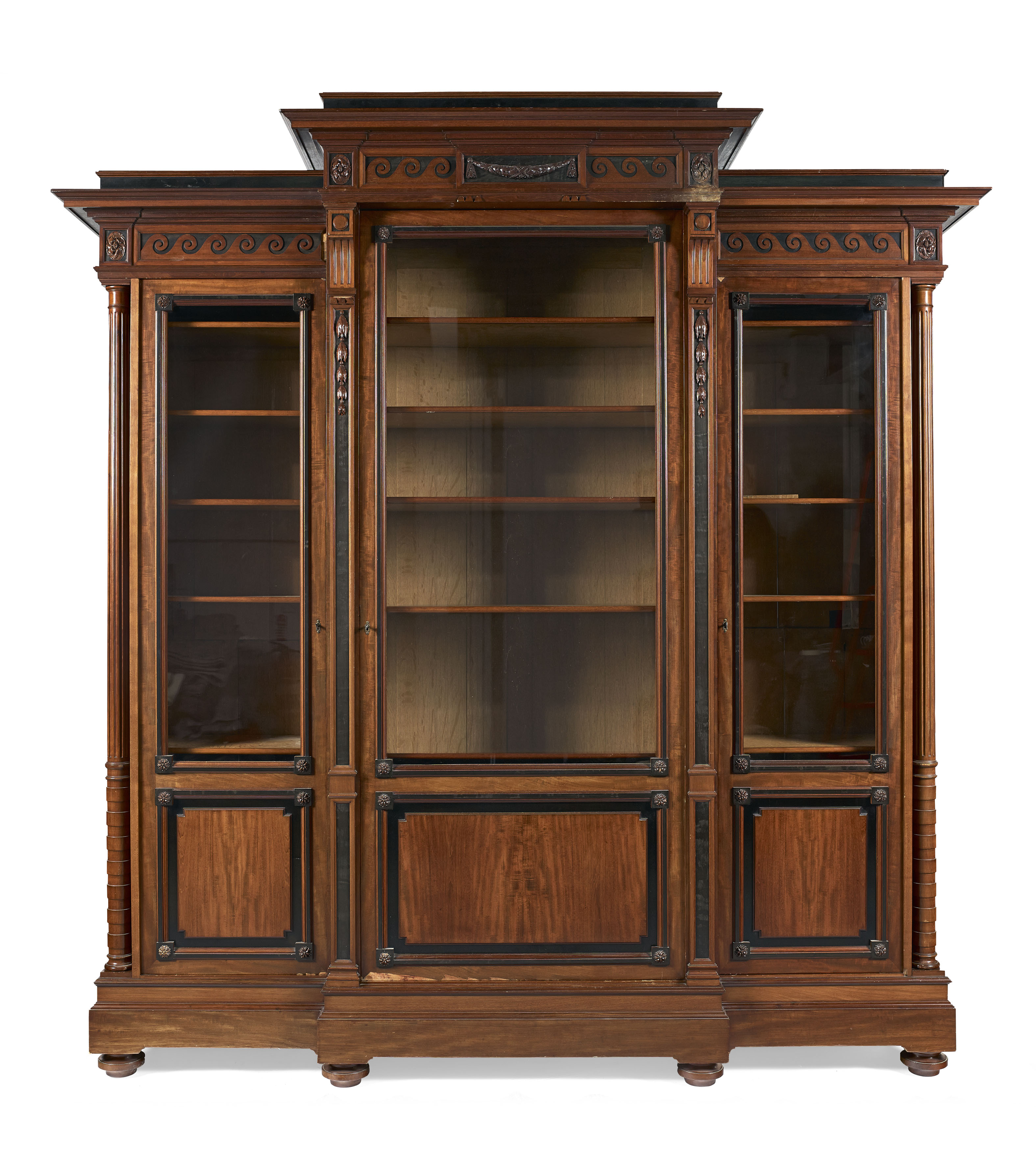 VICTORIAN MAHOGANY AND EBONY BREAKFRONT BOOKCASE