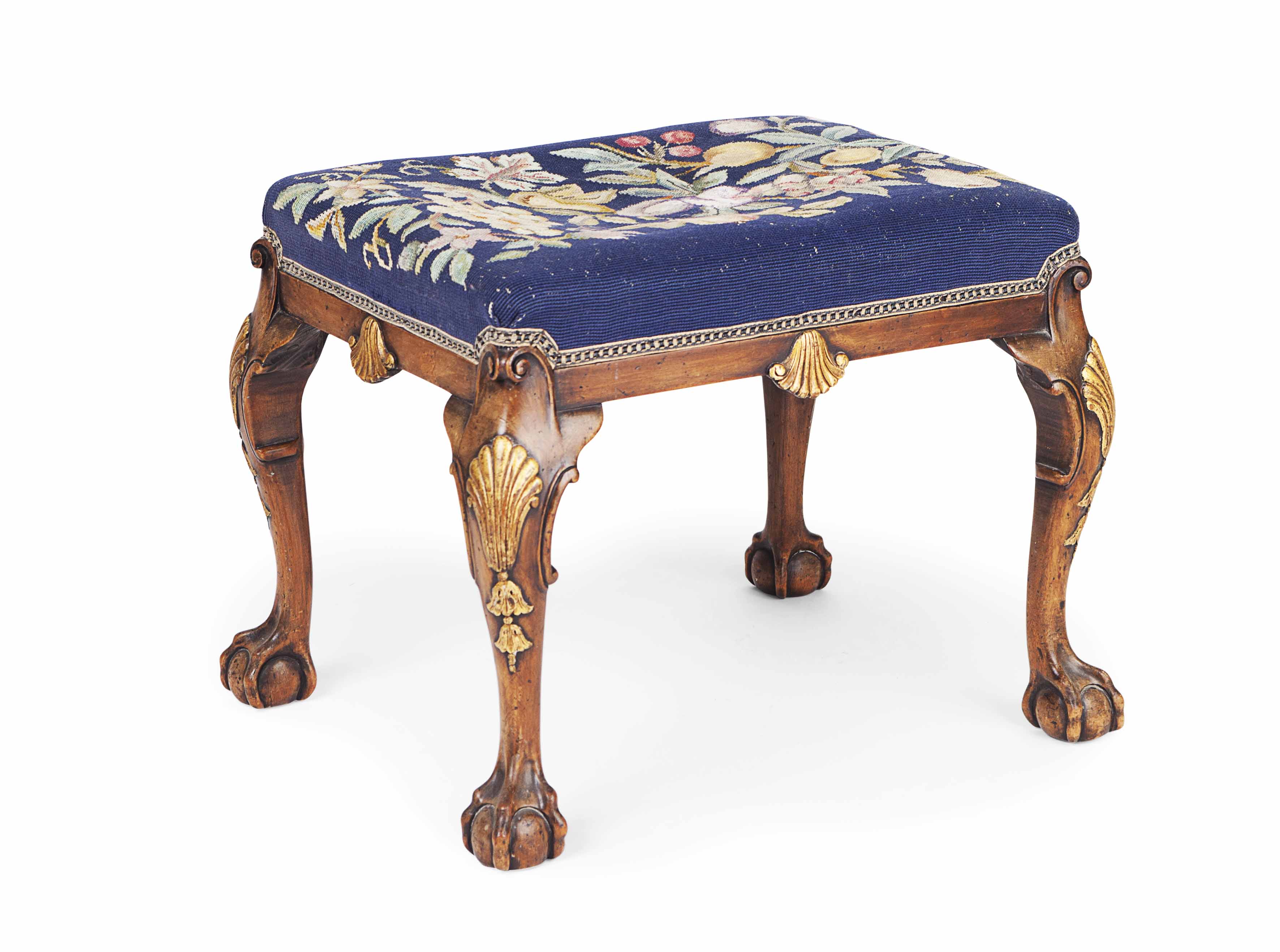 GEORGE I STYLE MAHOGANY PARCEL GILT FOOT STOOL
