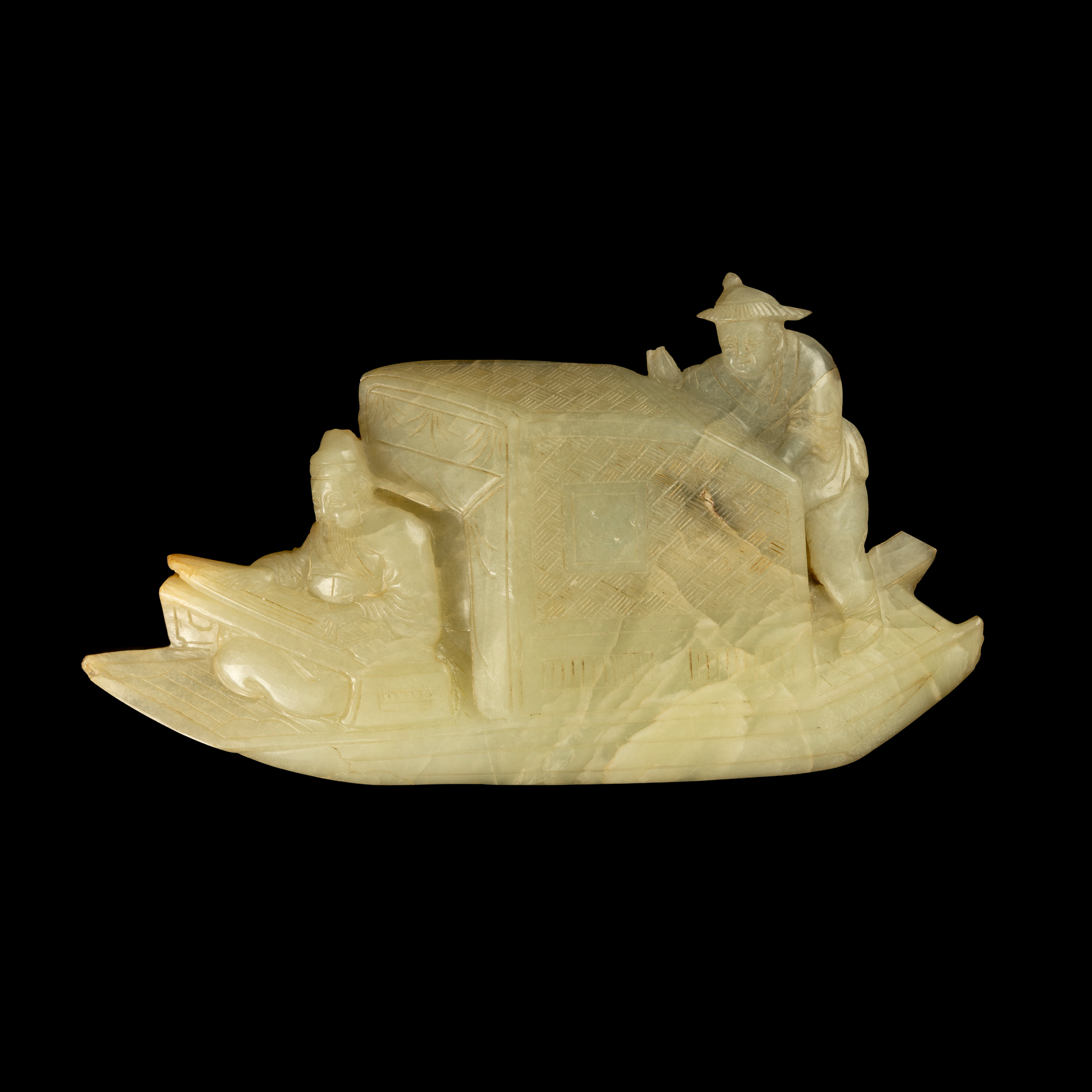 LARGE CHINESE PALE CELADON JADE PLAQUE OF SCHOLAR ON BOAT