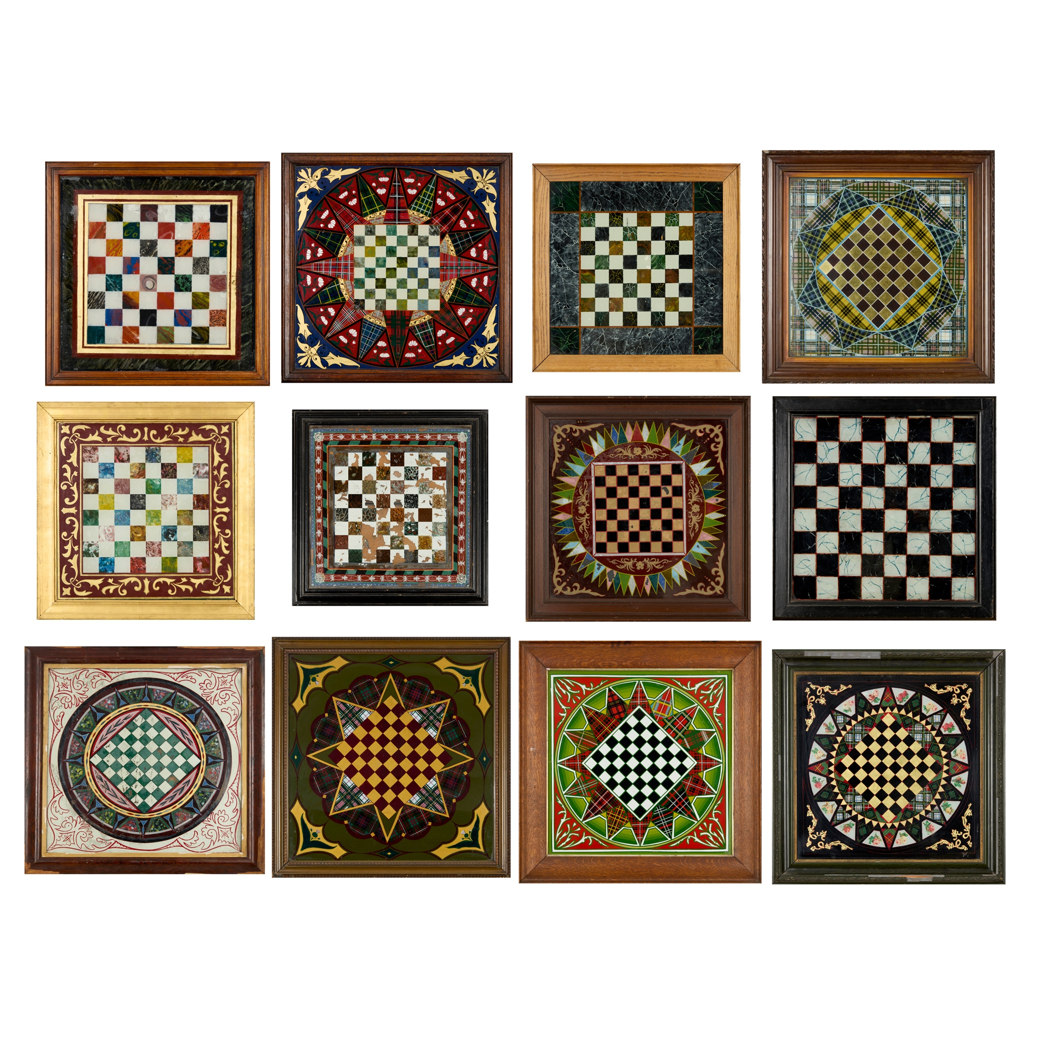 GROUP OF TWELVE VERRE EGLOMISE TAVERN CHESSBOARDS