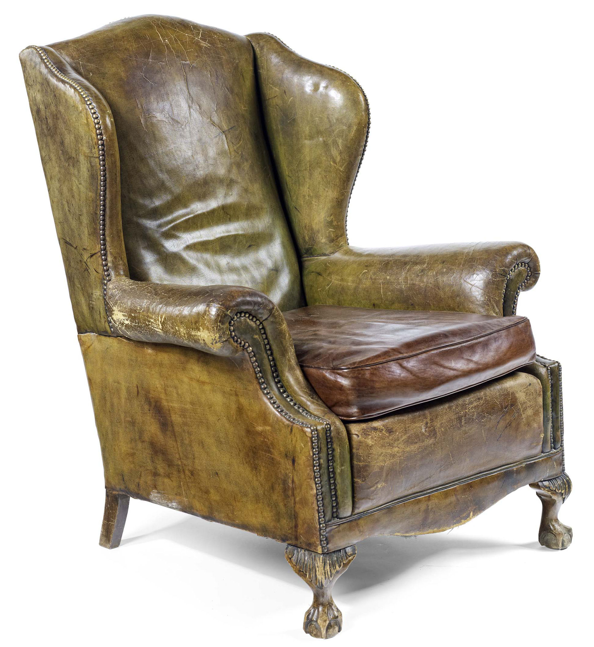 GEORGE III STYLE MAHOGANY AND LEATHER UPHOLSTERED WING ARMCHAIR