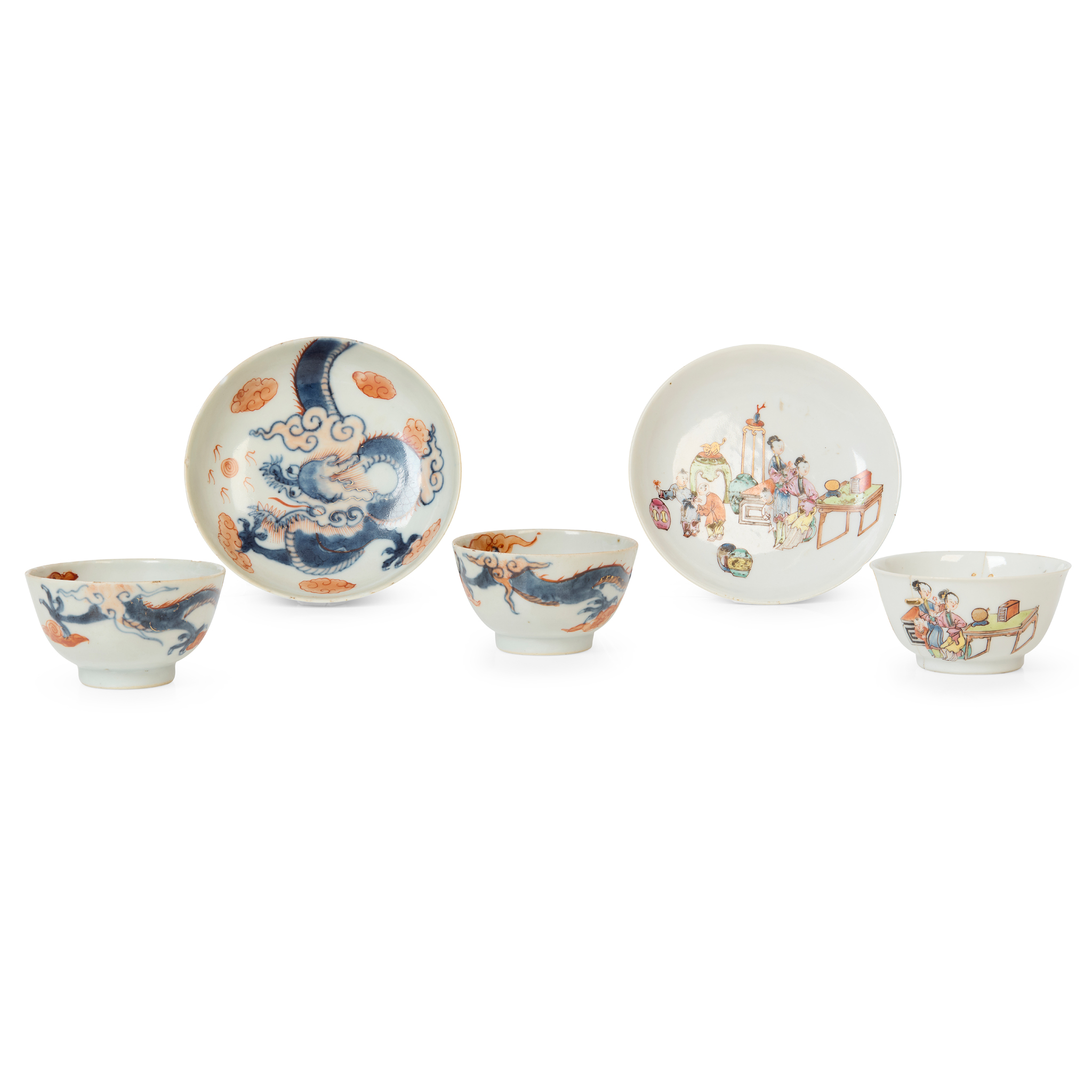 GROUP OF FIVE CHINESE PORCELAIN CUPS AND SAUCERS