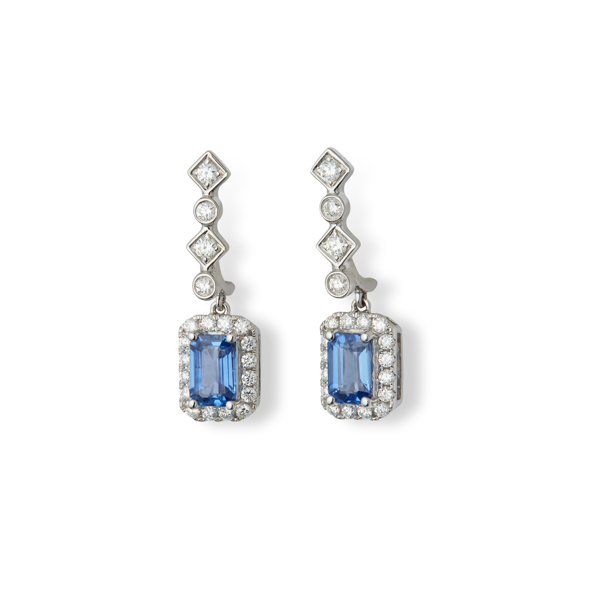 A pair of sapphire and diamond pendent earrings