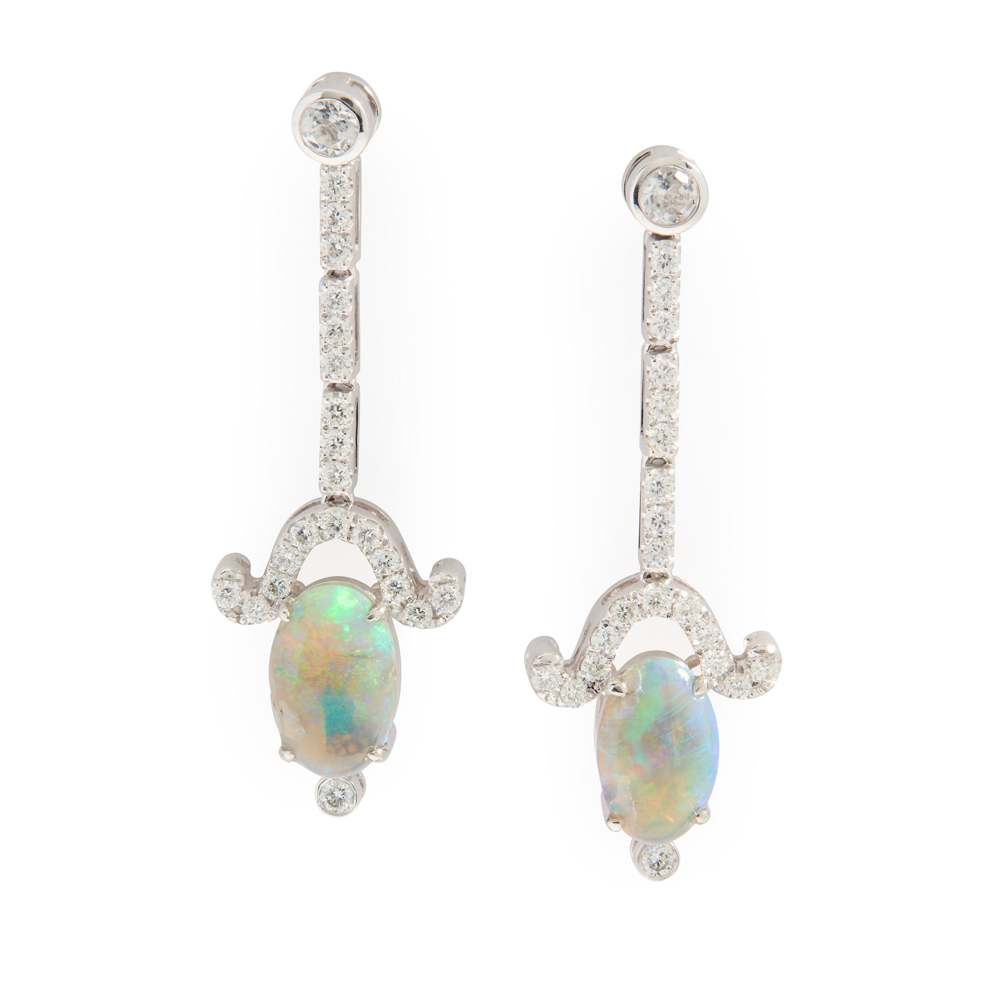 A pair of opal and diamond pendent earrings