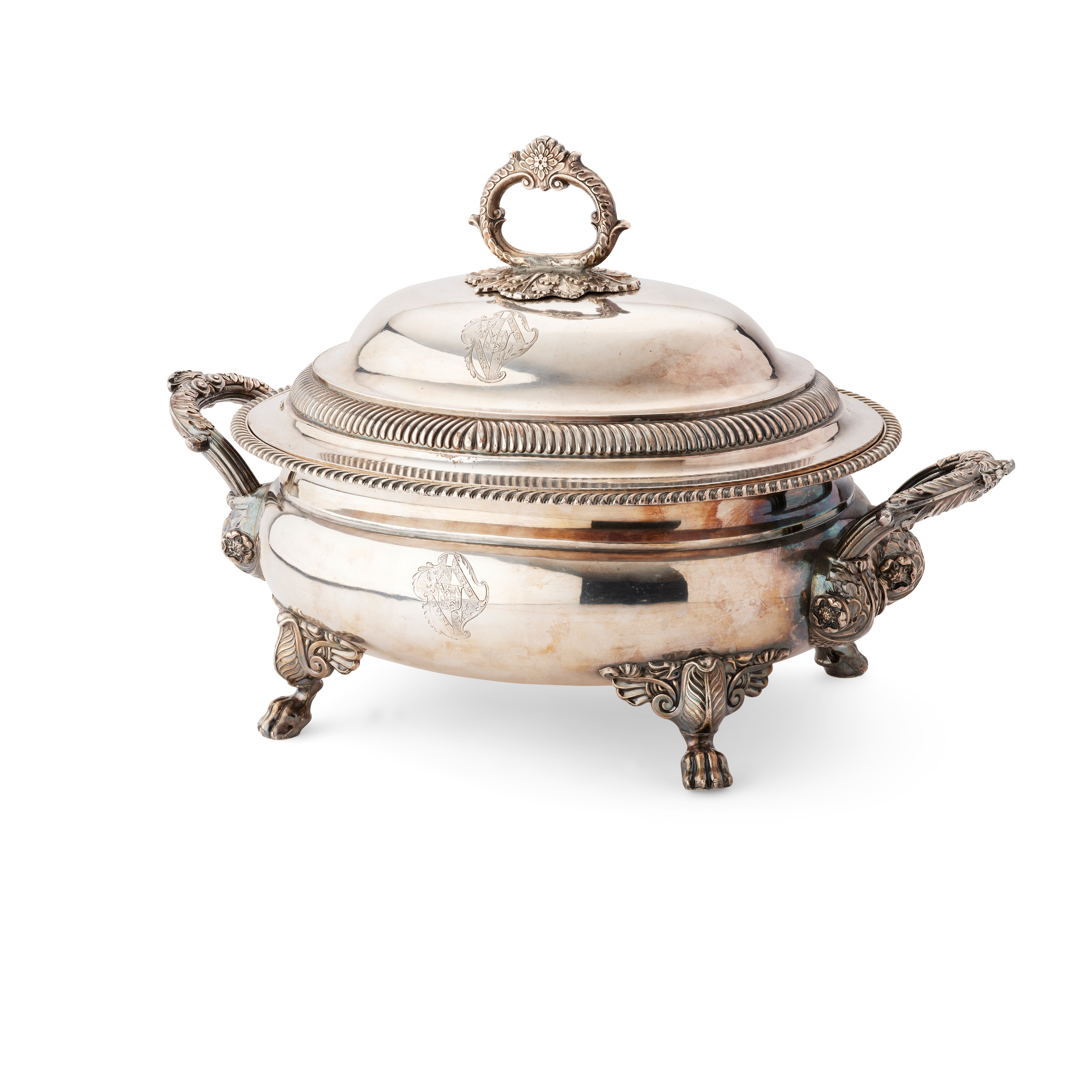 AN EARLY 19TH CENTURY OLD SHEFFIELD PLATE TWIN-HANDLED TUREEN AND COVER