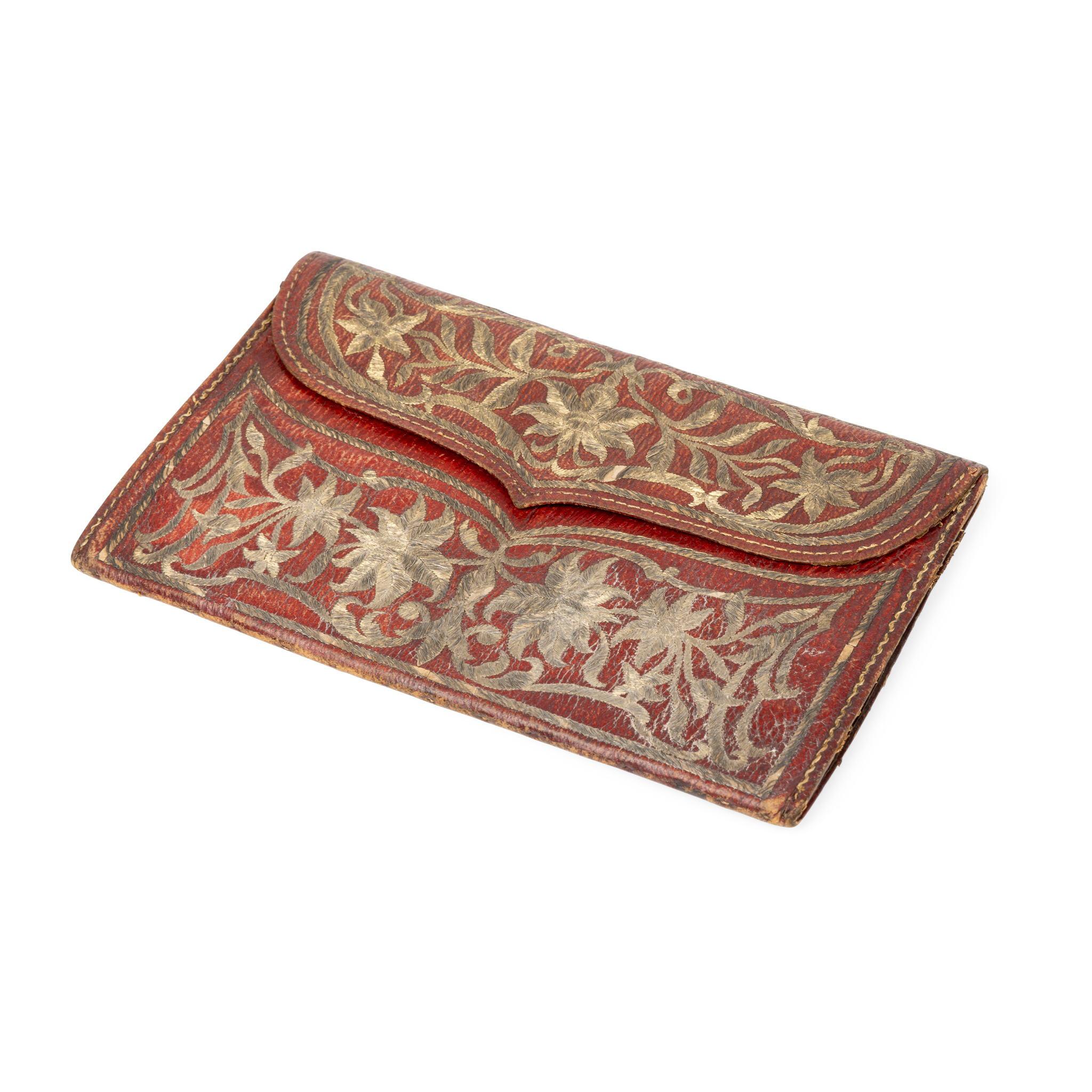 AN OTTOMAN SILVER AND METAL-THREAD EMBROIDERED LEATHER WALLET