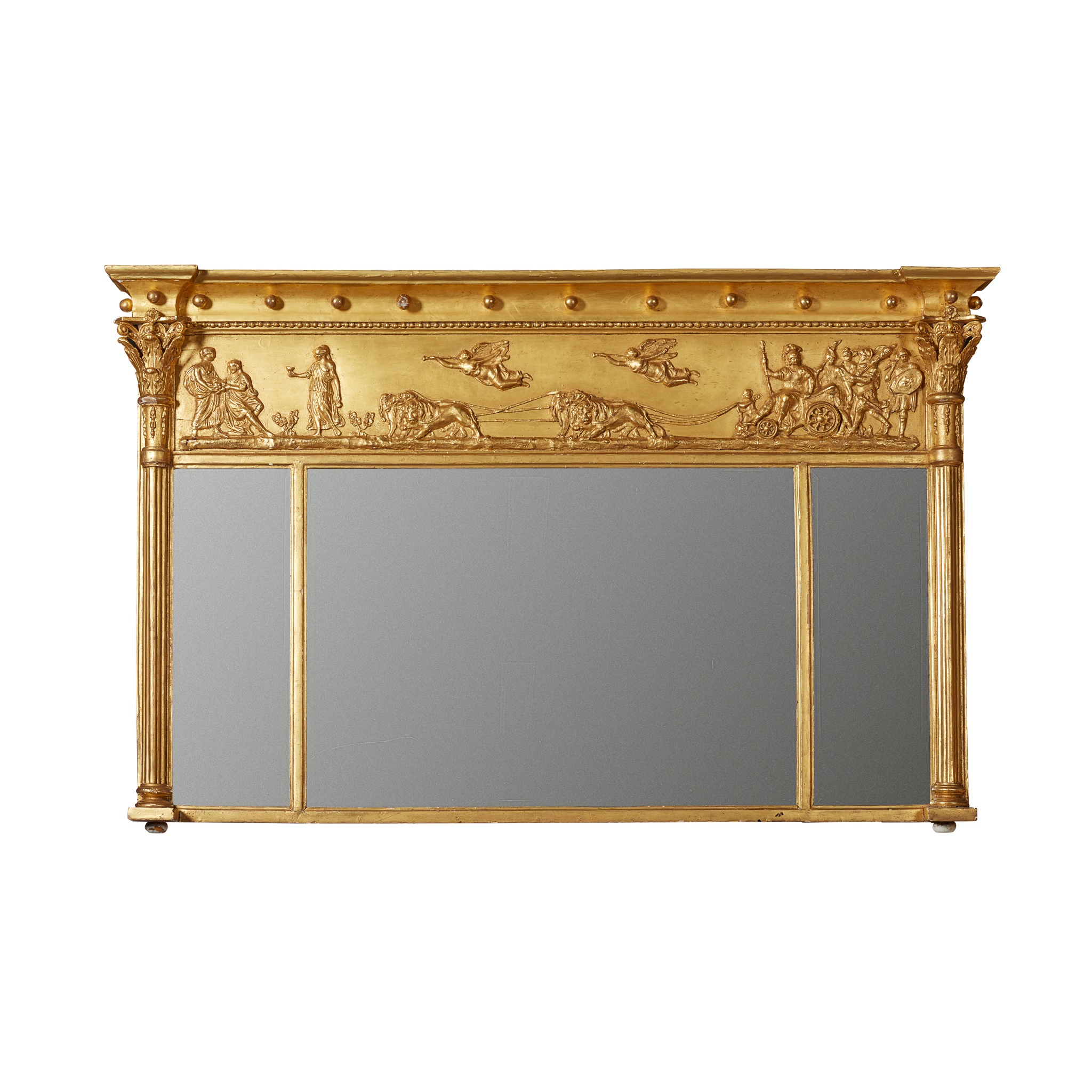 REGENCY GILT AND GESSO 'APOLLO' TRIPLE OVERMANTEL MIRROR