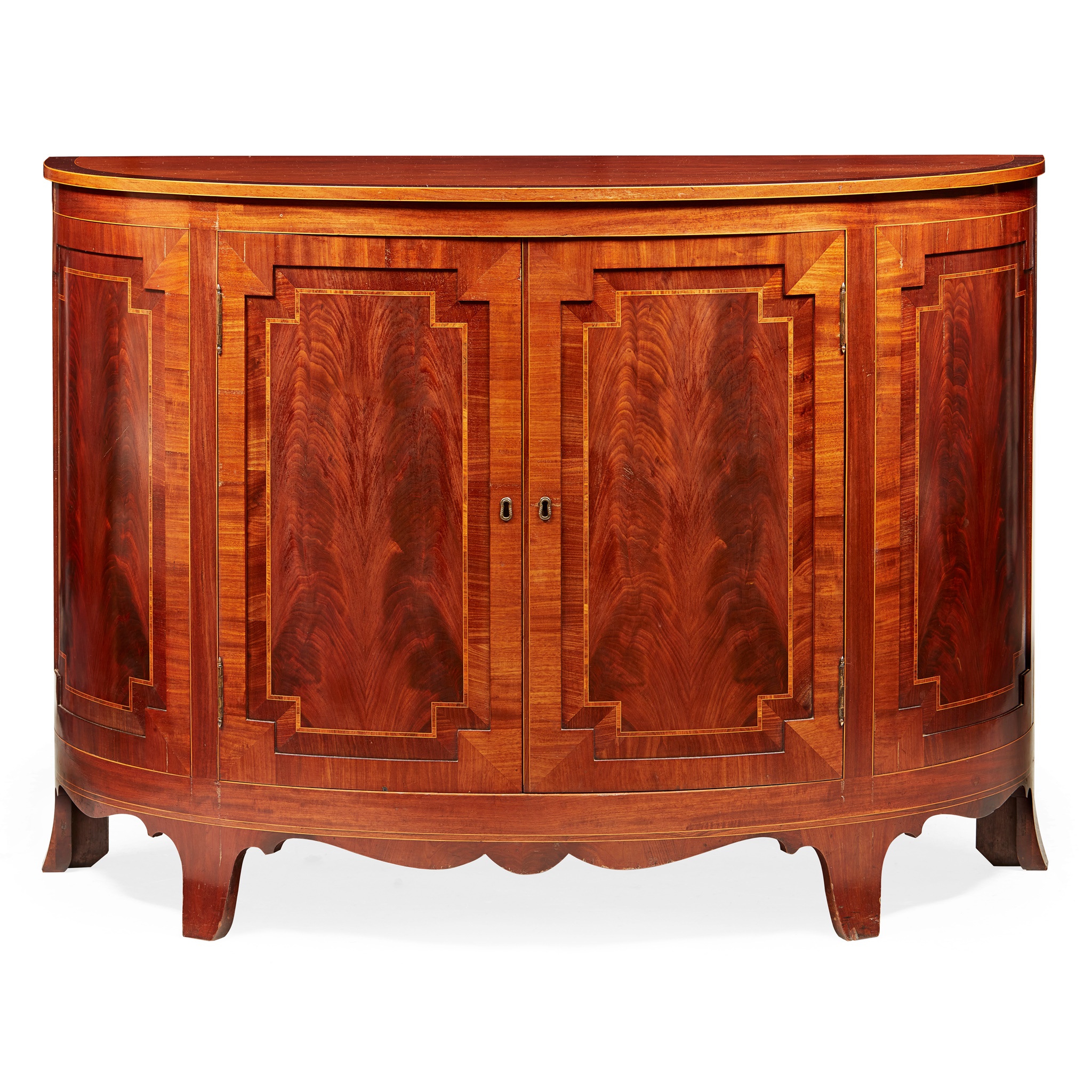 SHERATON STYLE MAHOGANY AND INLAID DEMILUNE SIDE CABINET