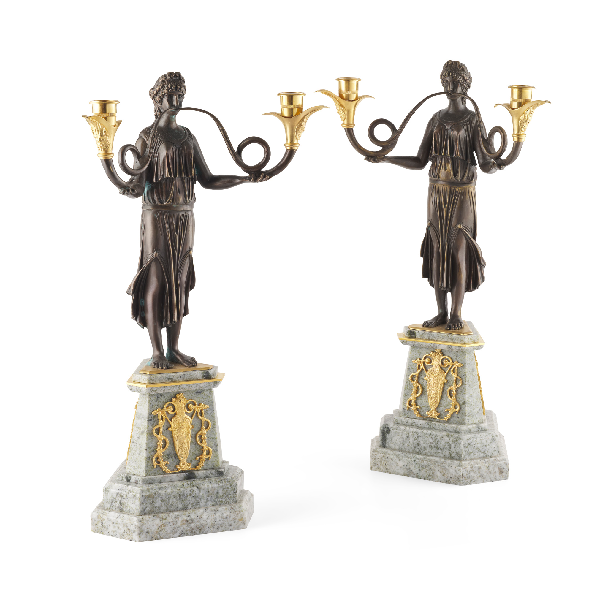 PAIR OF FRENCH MARBLE, PATINATED AND GILT BRONZE FIGURAL CANDELABRA