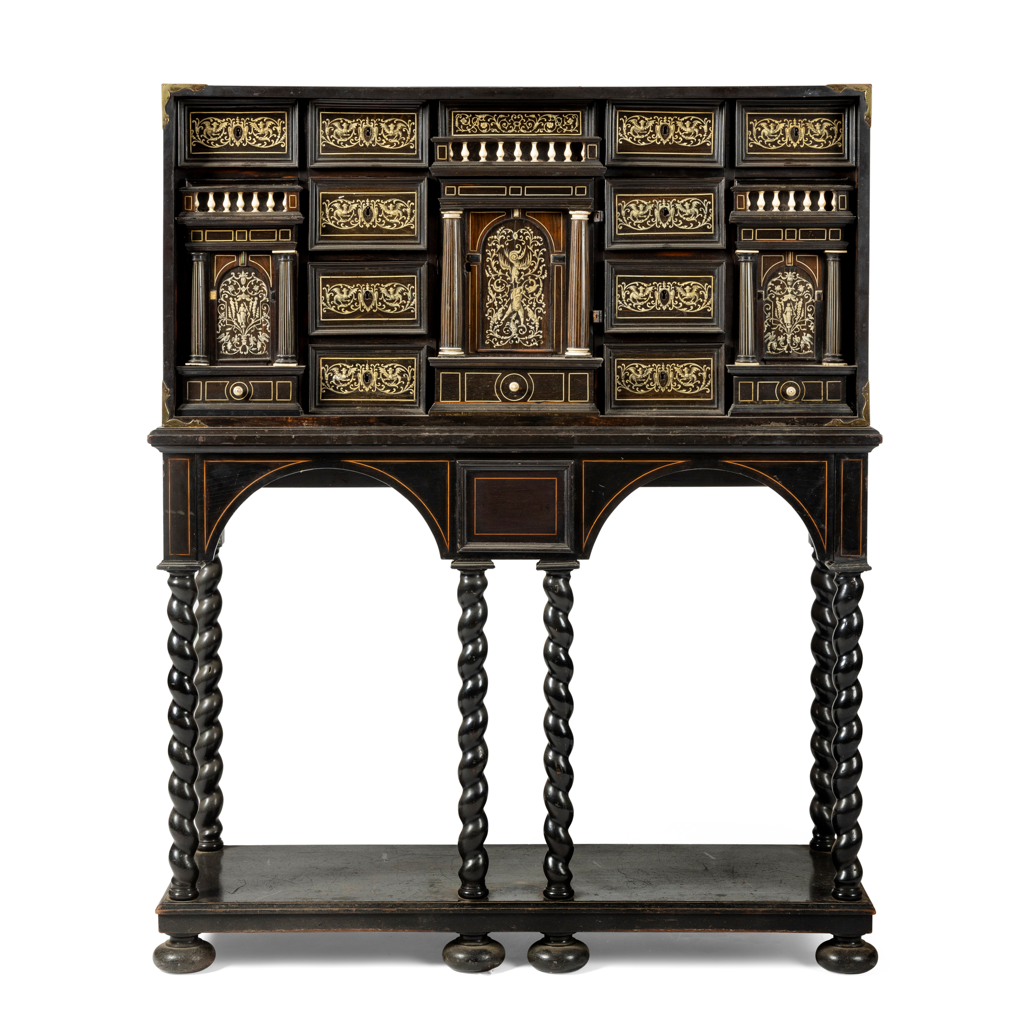 AN ITALIAN CORMANDEL AND INLAID CABINET ON STAND