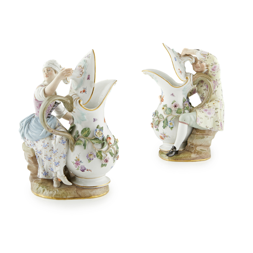PAIR OF MEISSEN PORCELAIN FIGURAL EWERS