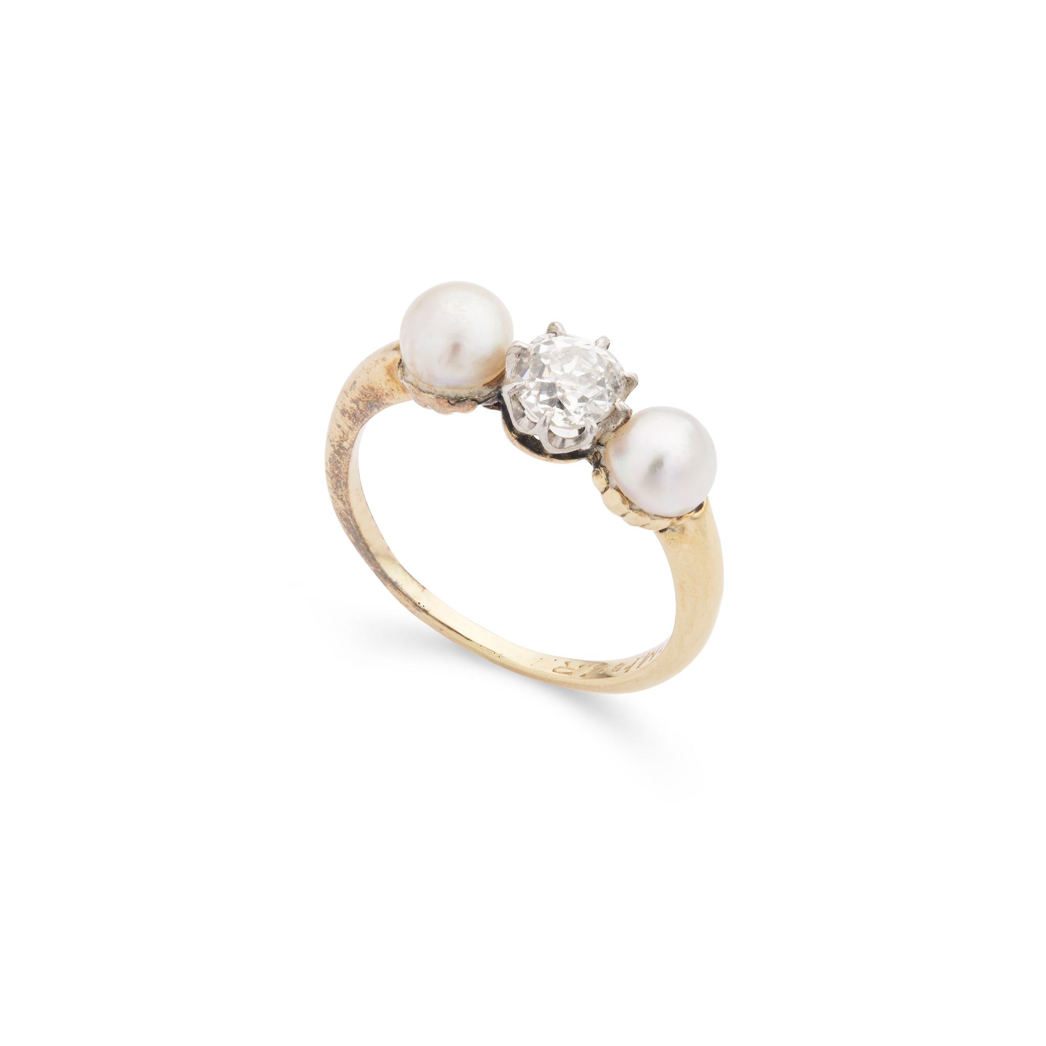 A pearl and diamond thee-stone ring