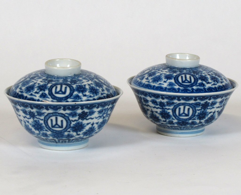 A pair of 19th century Chinese blue painted bowls and covers