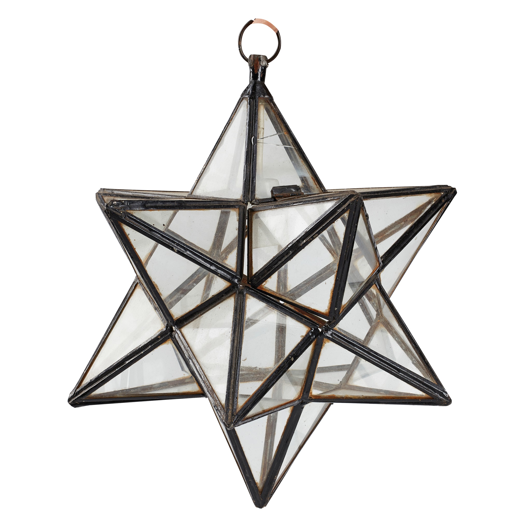 THREE STAR-SHAPED GLASS AND BRASS HANGING LANTERNS