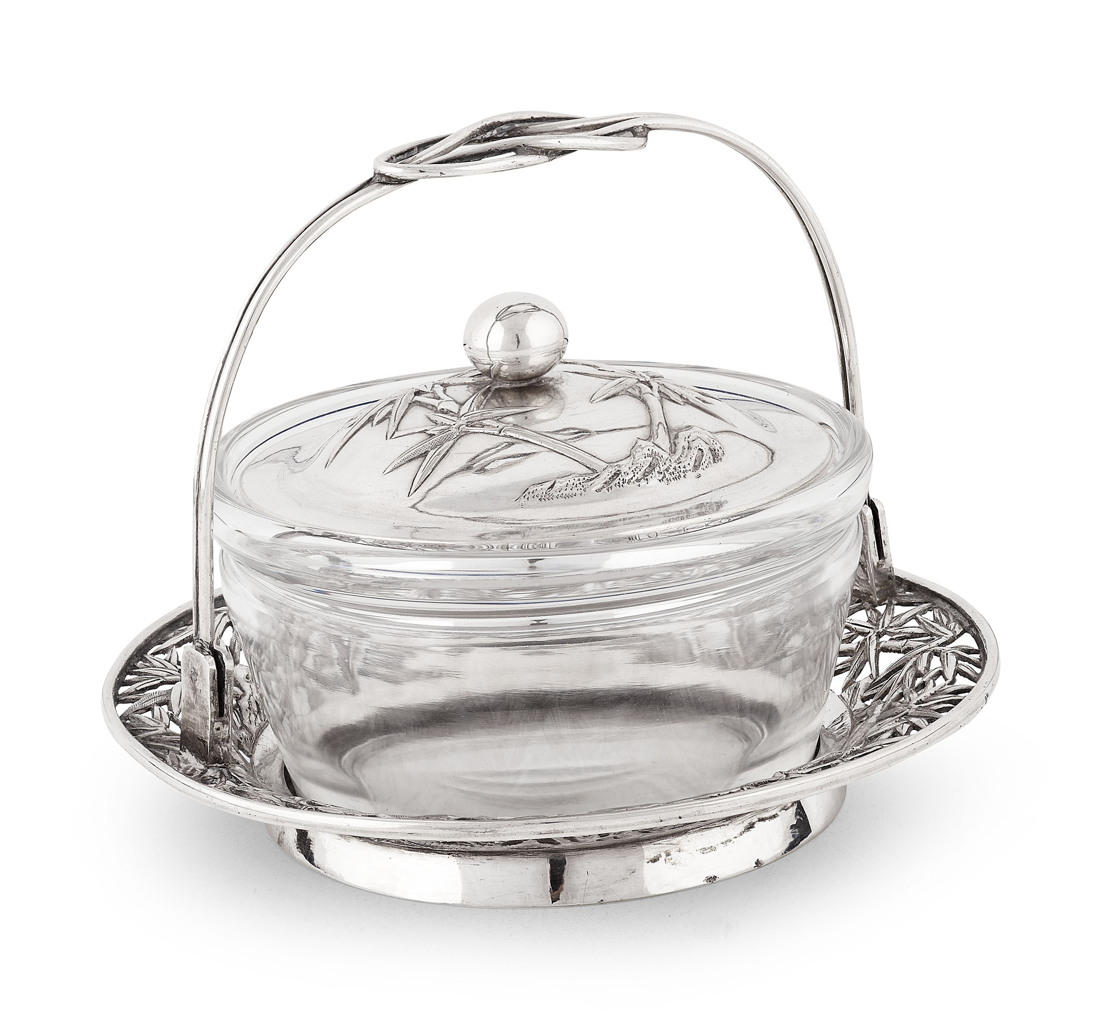 CHINESE EXPORT SILVER BUTTER DISH, COVER AND STAND
