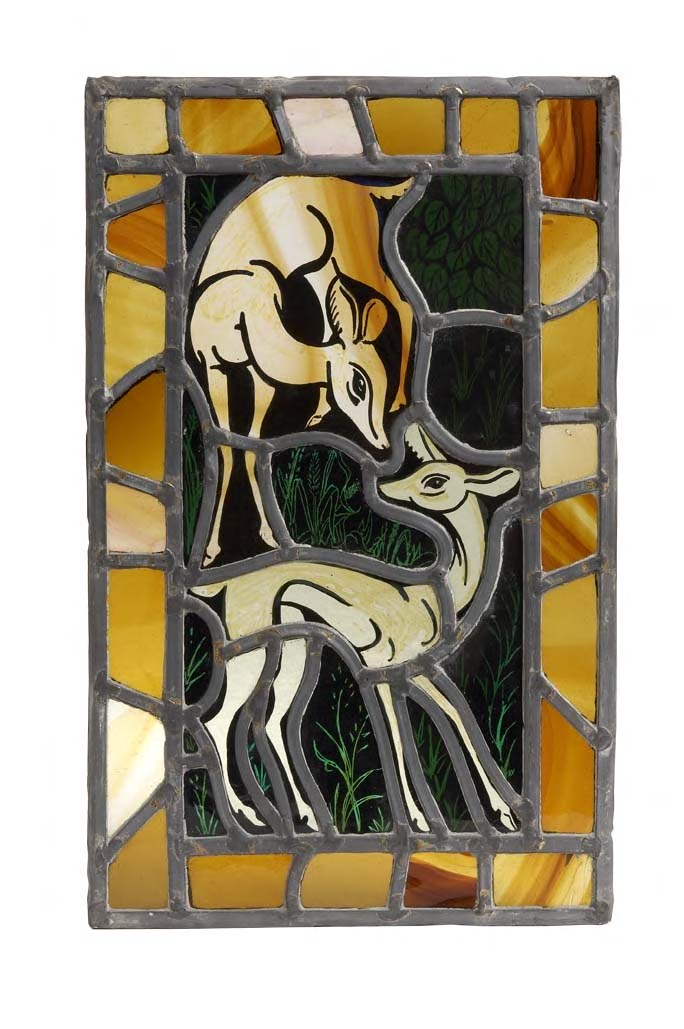An Arts and Crafts stained, painted and leaded glass panel,