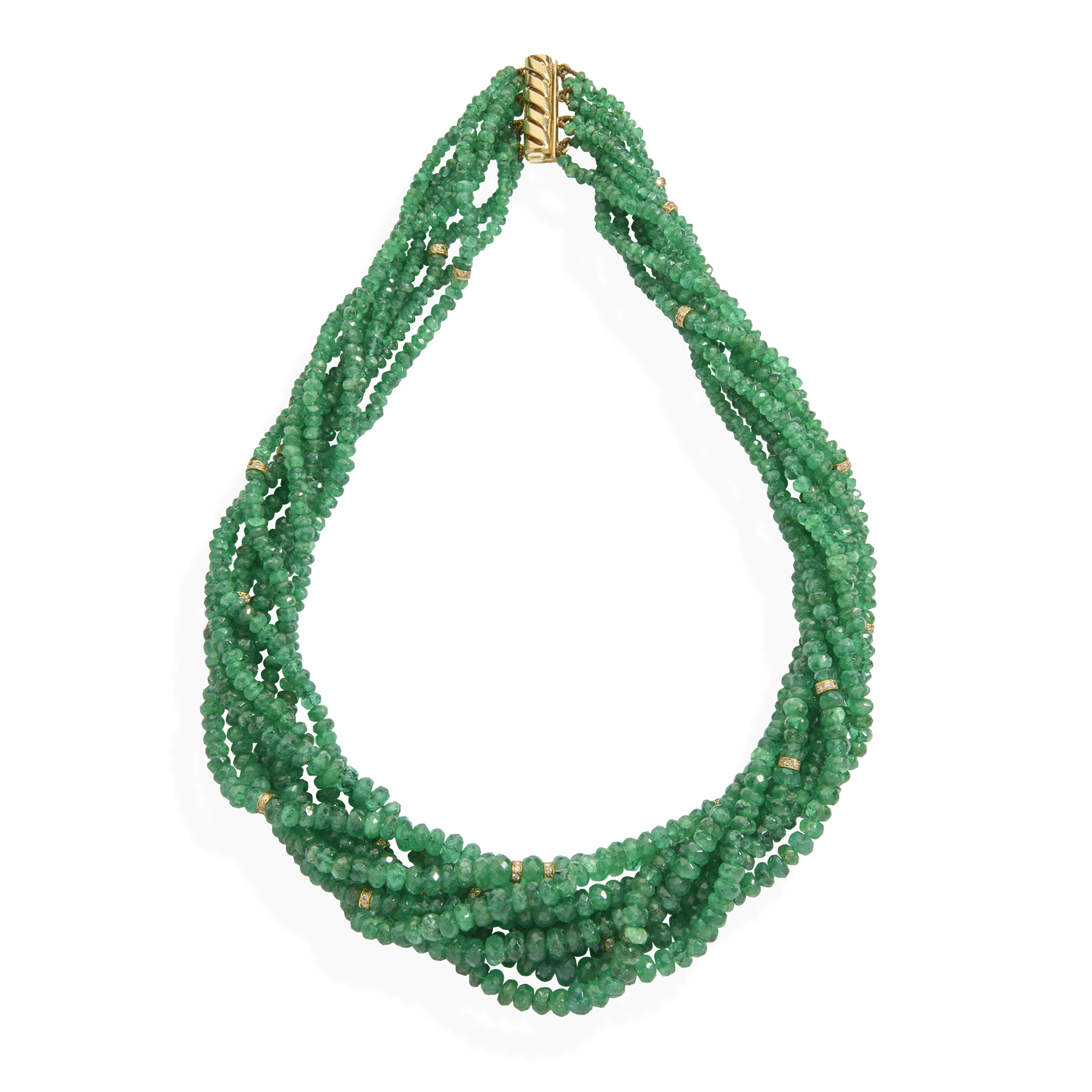 A multi-strand emerald bead necklace