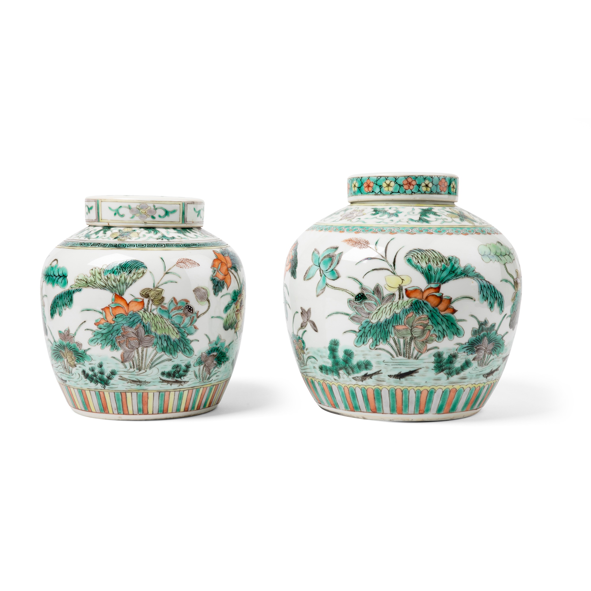 TWO FAMILLE VERTE GINGER JARS AND COVERS
