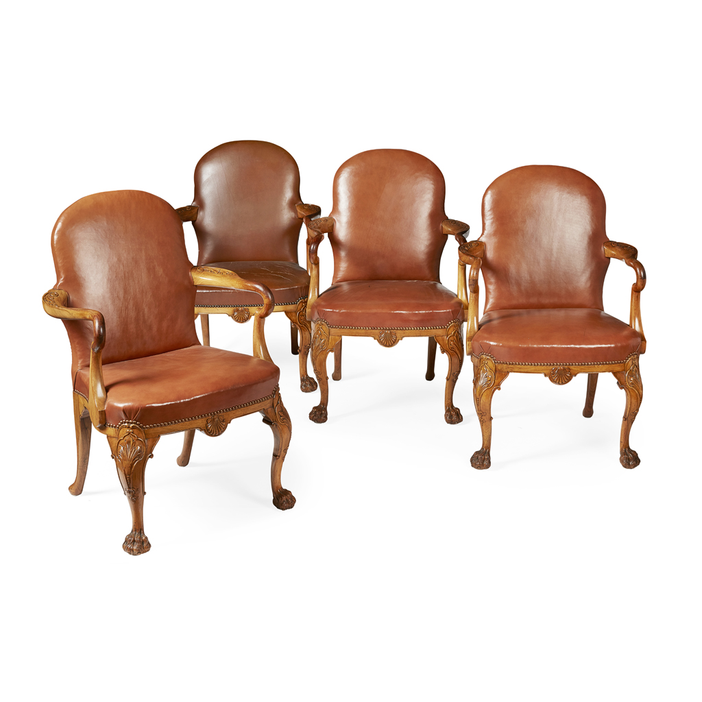 SET OF FOUR GEORGE II STYLE WALNUT ARMCHAIRS