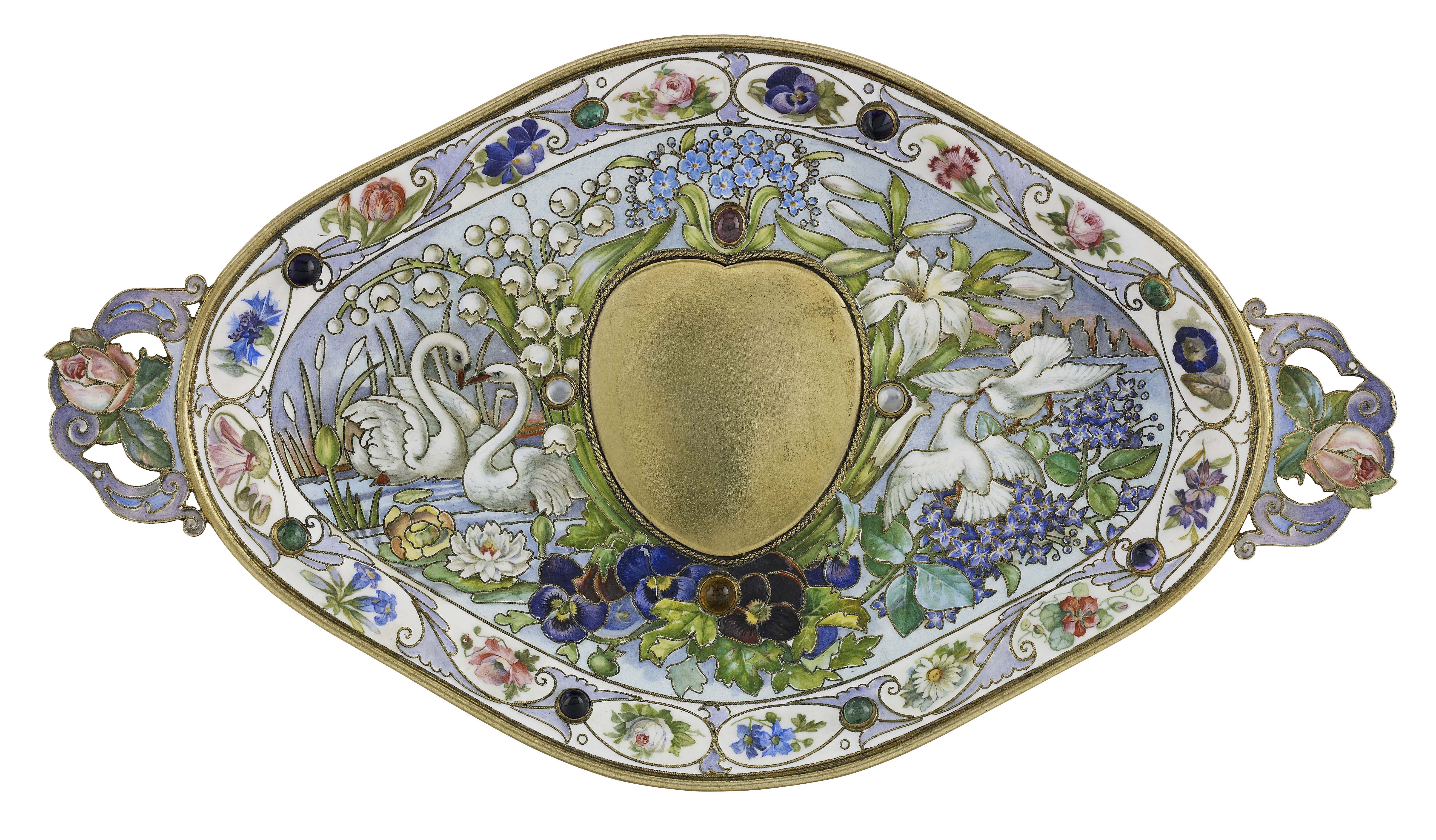 A Russian silver-gilt gem-set and cloisonné enamel two-handled tray