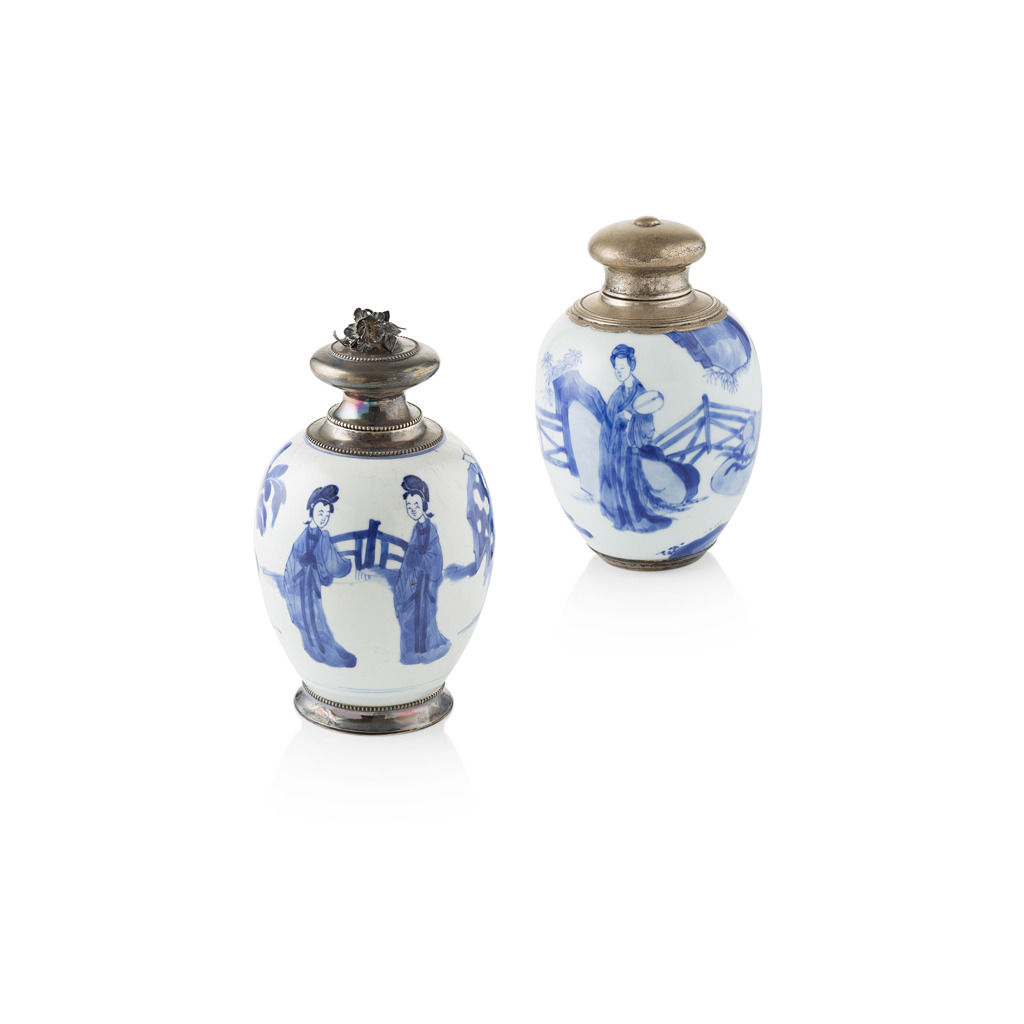 TWO SILVER-MOUNTED BLUE AND WHITE OVOID JARS
