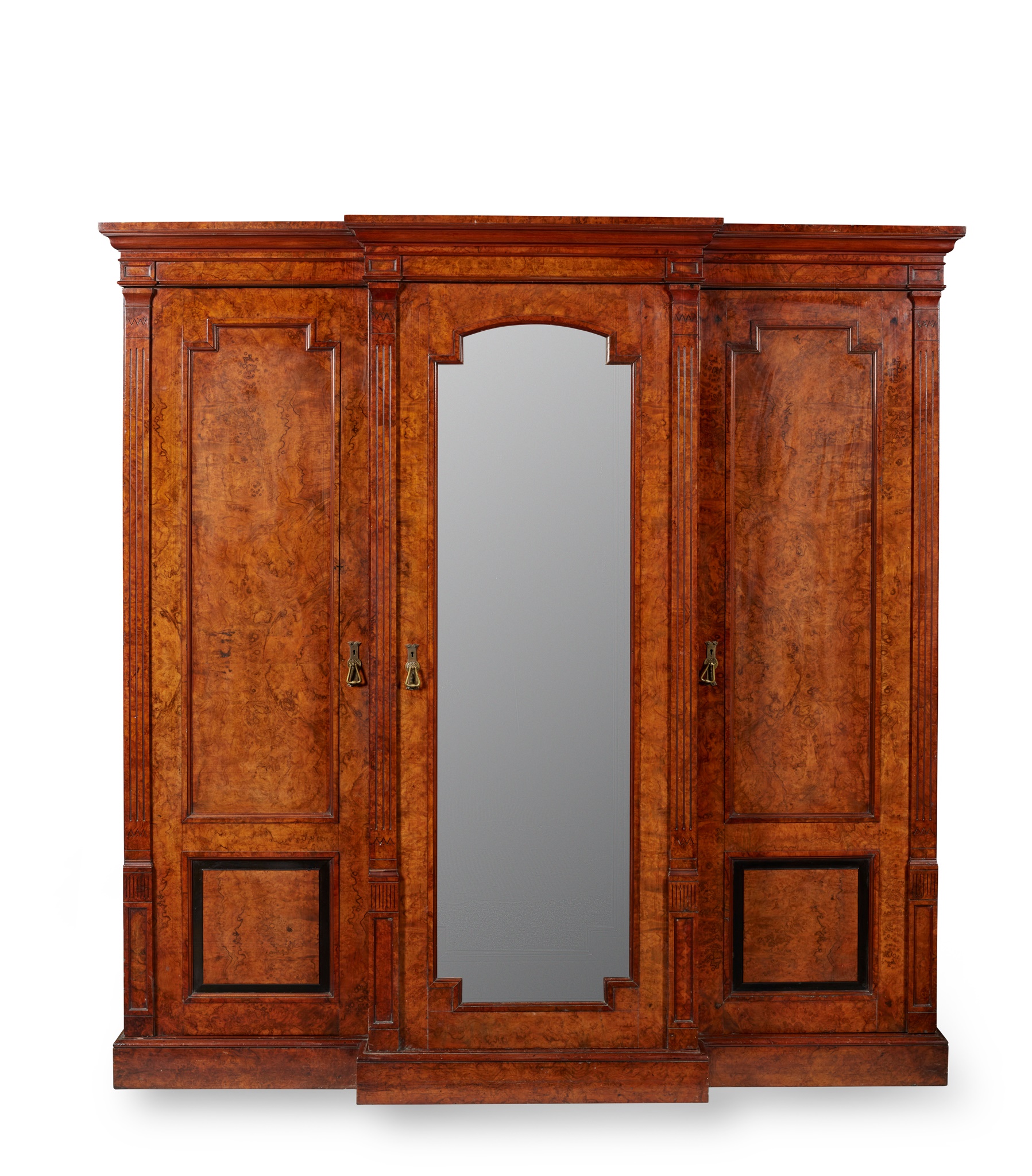 VICTORIAN WALNUT, MAHOGANY, EBONISED, AND BIRCH BREAKFRONT MIRRORED TRIPLE WARDROBE