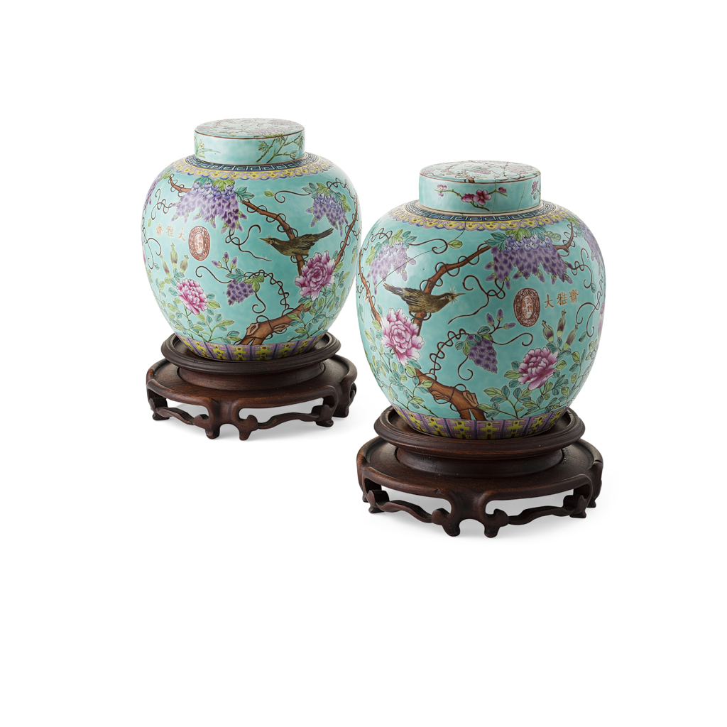 PAIR OF TURQUOISE-GROUND OVOID JARS AND COVERS