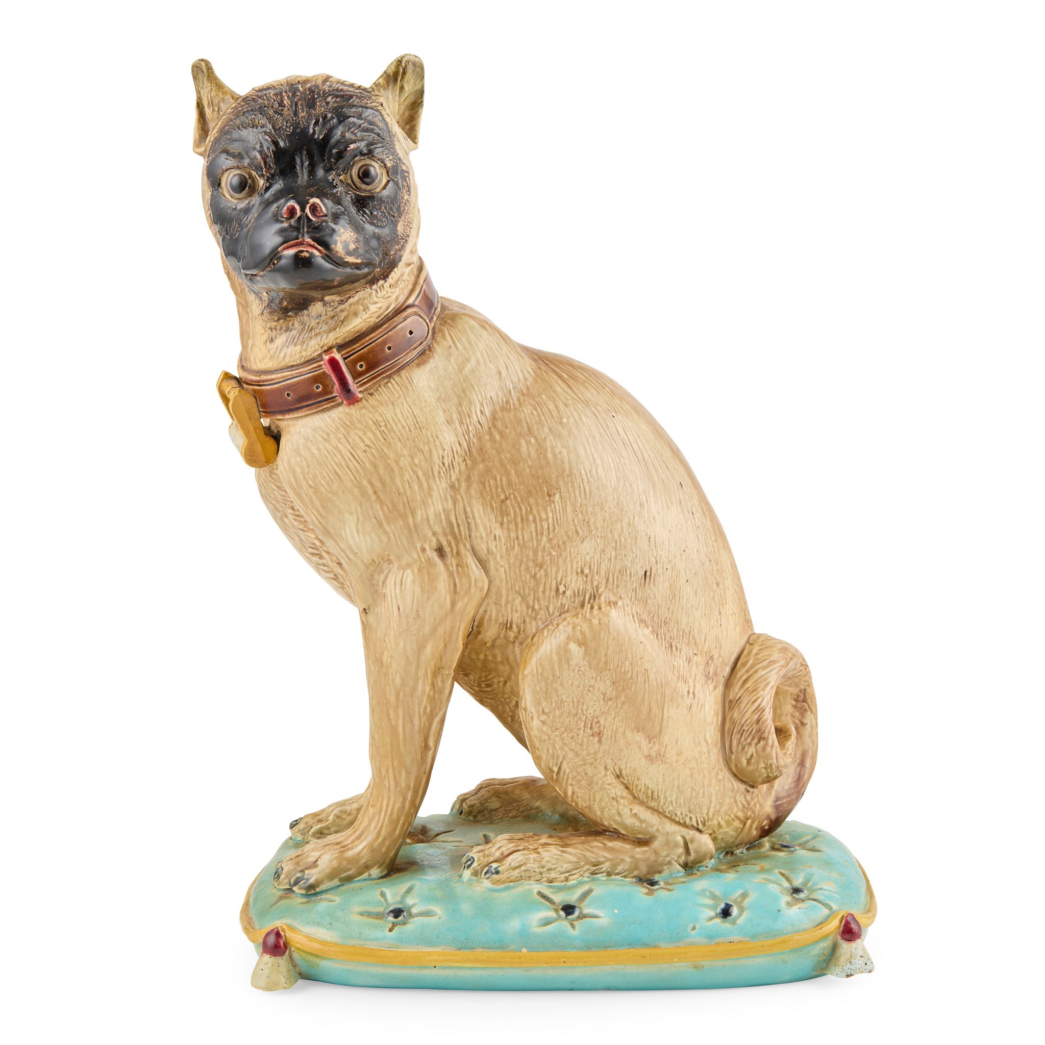 JOSEPH HOLDCROFT MAJOLICA FIGURE OF A PUG DOG