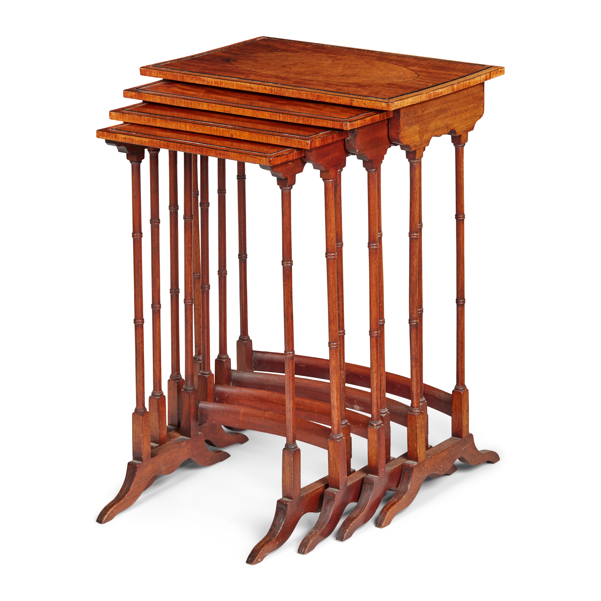 SET OF FOUR LATE GEORGIAN MAHOGANY AND BURR WOOD NESTING TABLES
