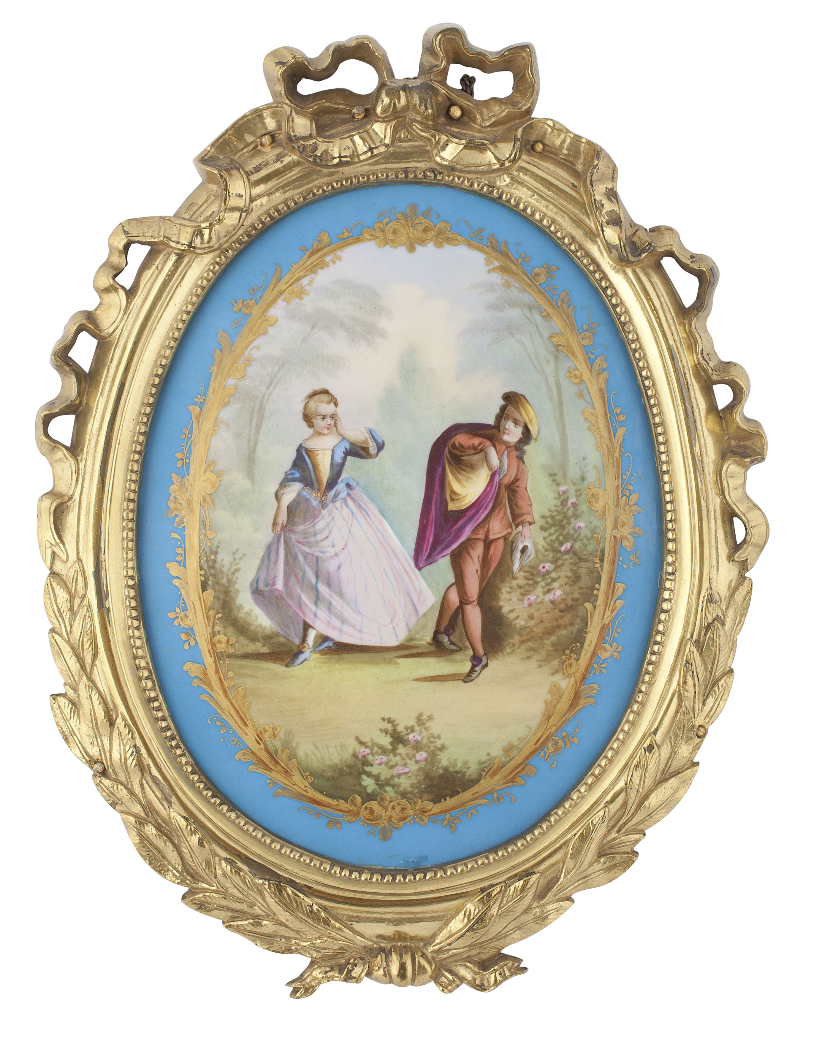 SEVRES STYLE PORCELAIN AND GILT BRONZE MOUNTED OVAL PLAQUE