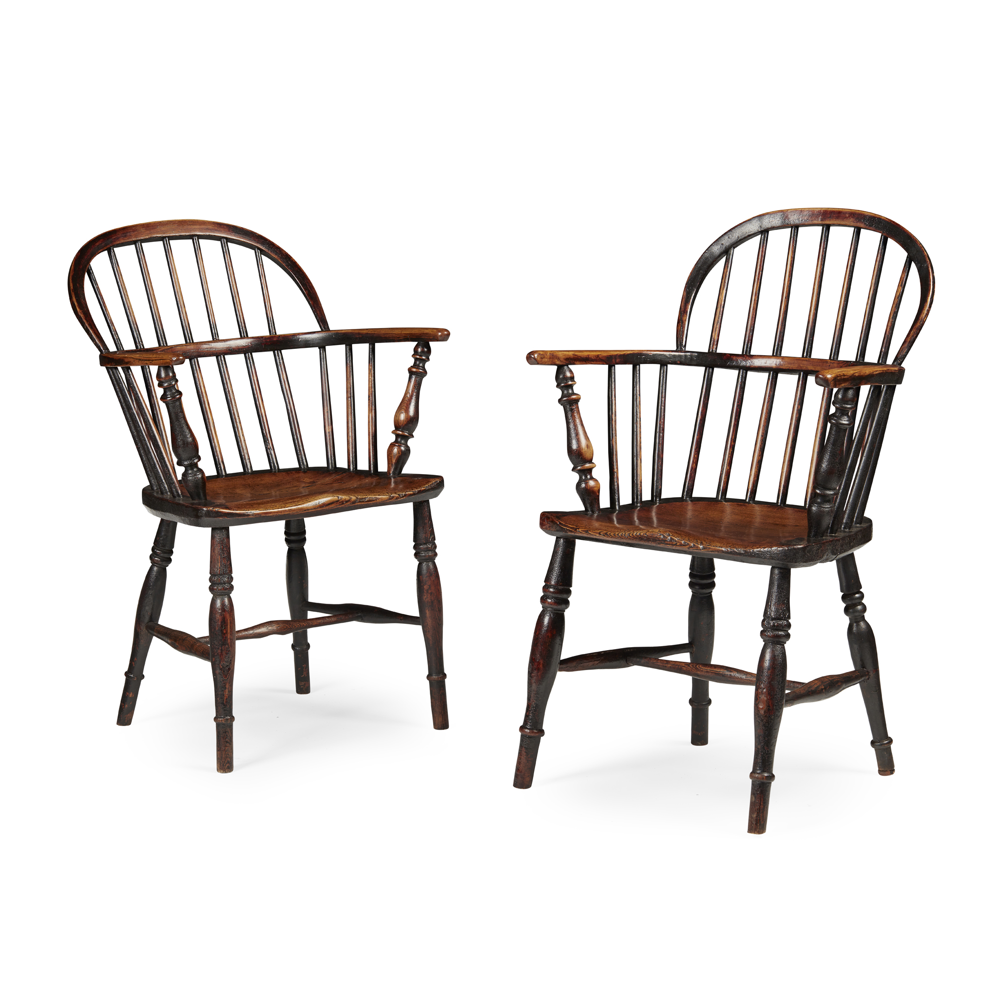 PAIR OF ELM WINDSOR ARMCHAIRS