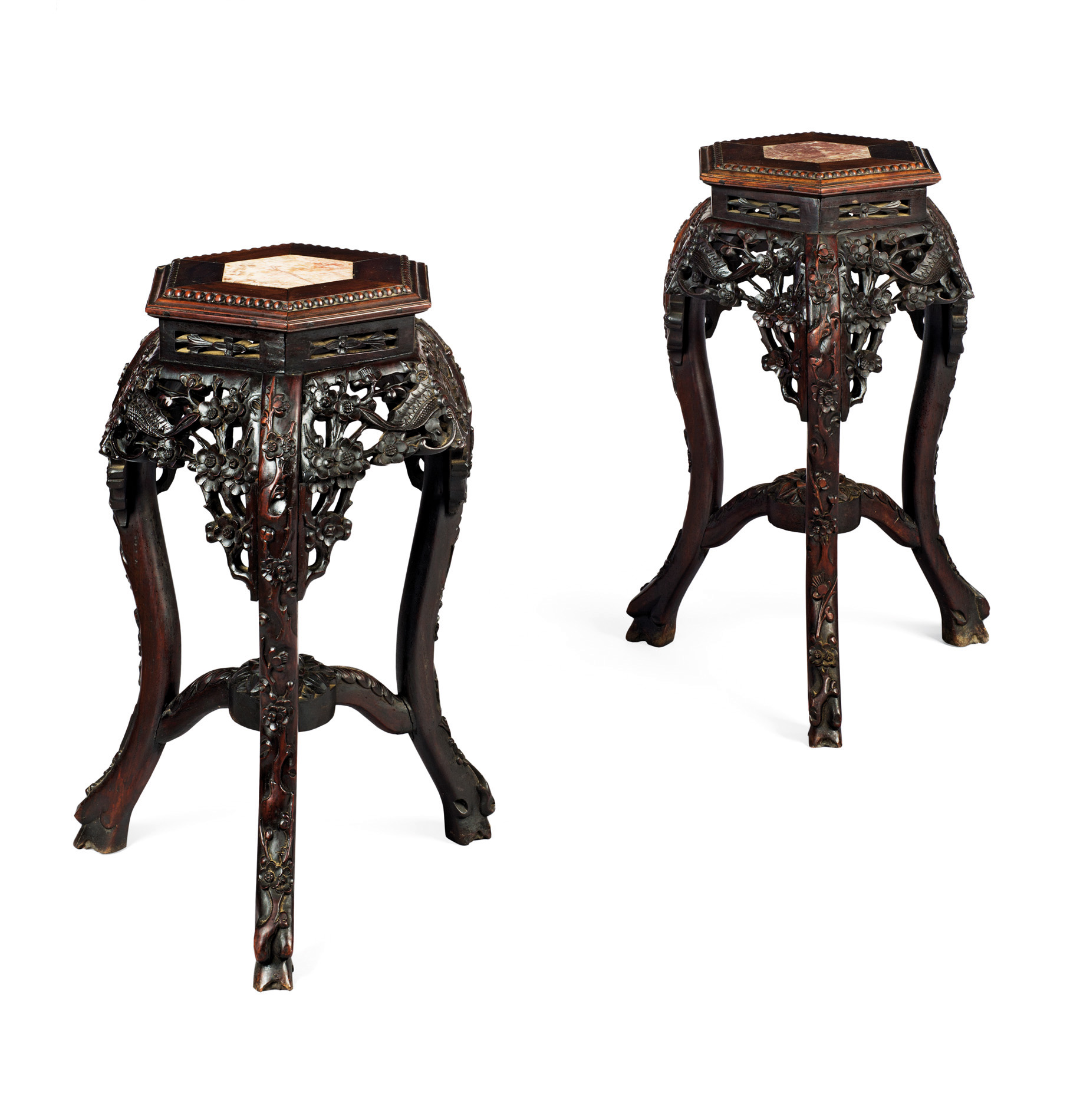 PAIR OF HONGMU MARBLE TOP STANDS