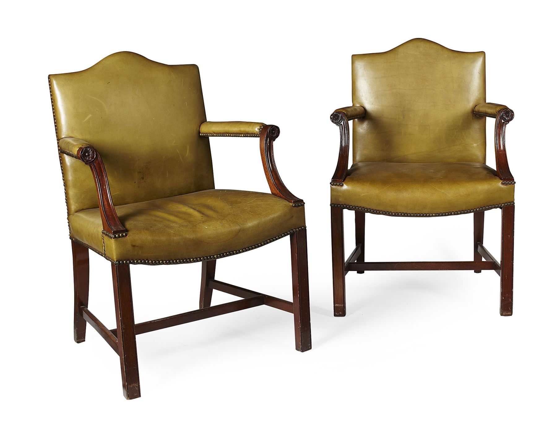 PAIR OF GEORGE III STYLE MAHOGANY AND LEATHER UPHOLSTERED OPEN ARMCHAIRS