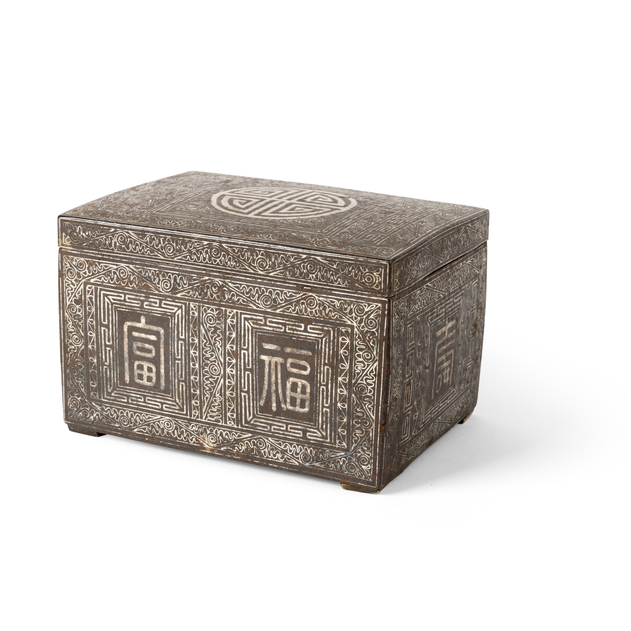 SILVER-INLAID IRON TOBACCO BOX AND COVER
