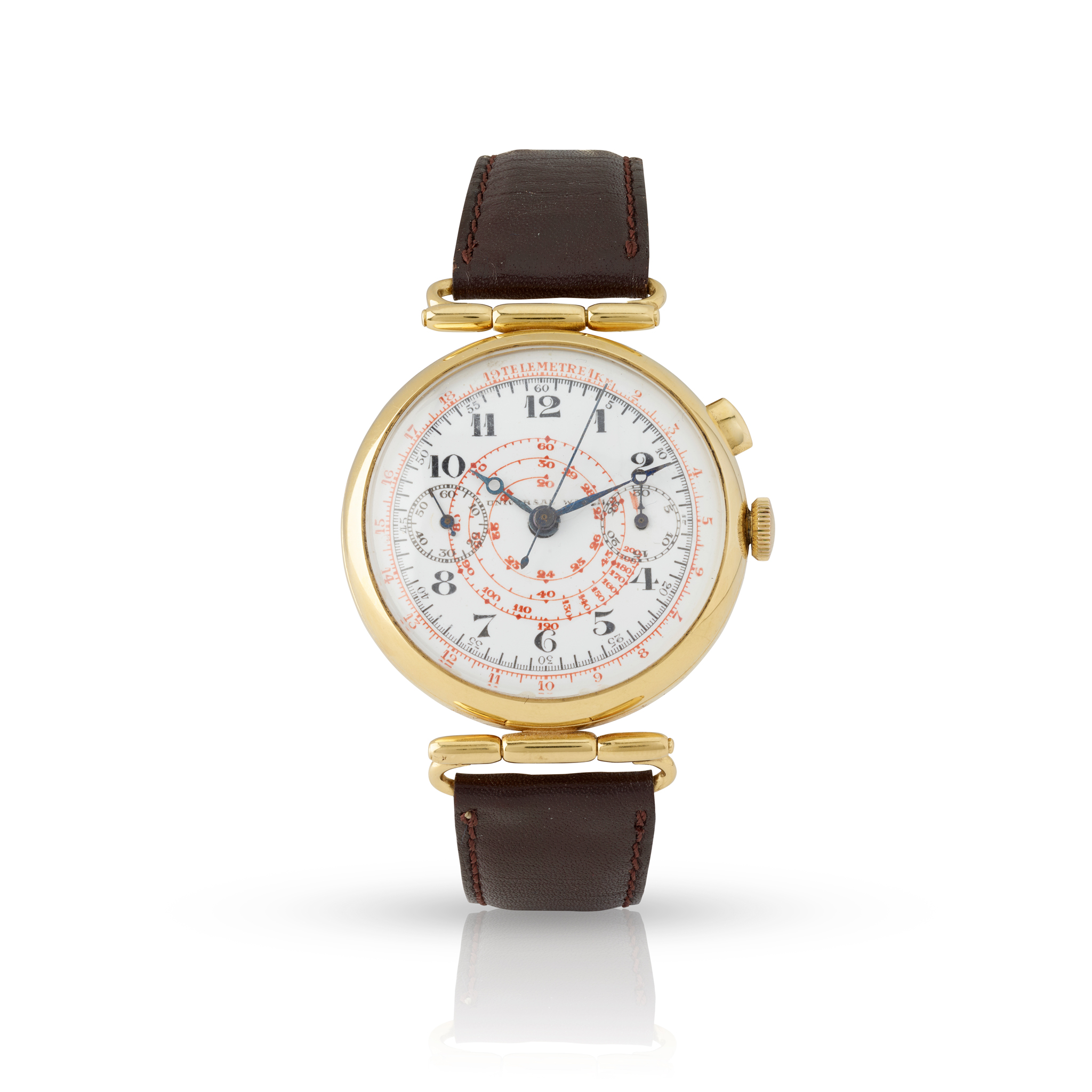 Universal, Genève. A rare 18k yellow gold single-button chronograph wristwatch