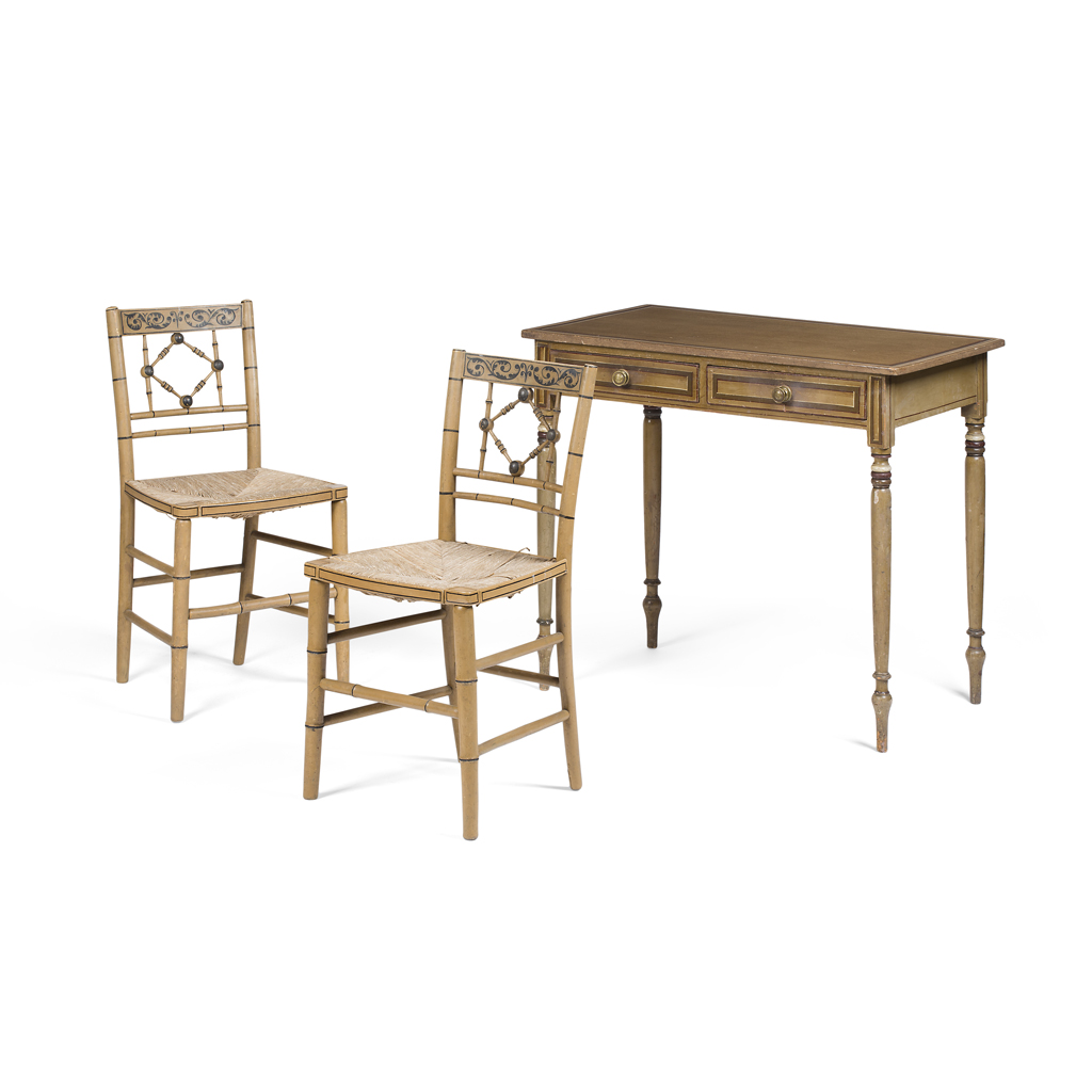 PAIR OF CREAM PAINTED SIDE CHAIRS AND TABLE