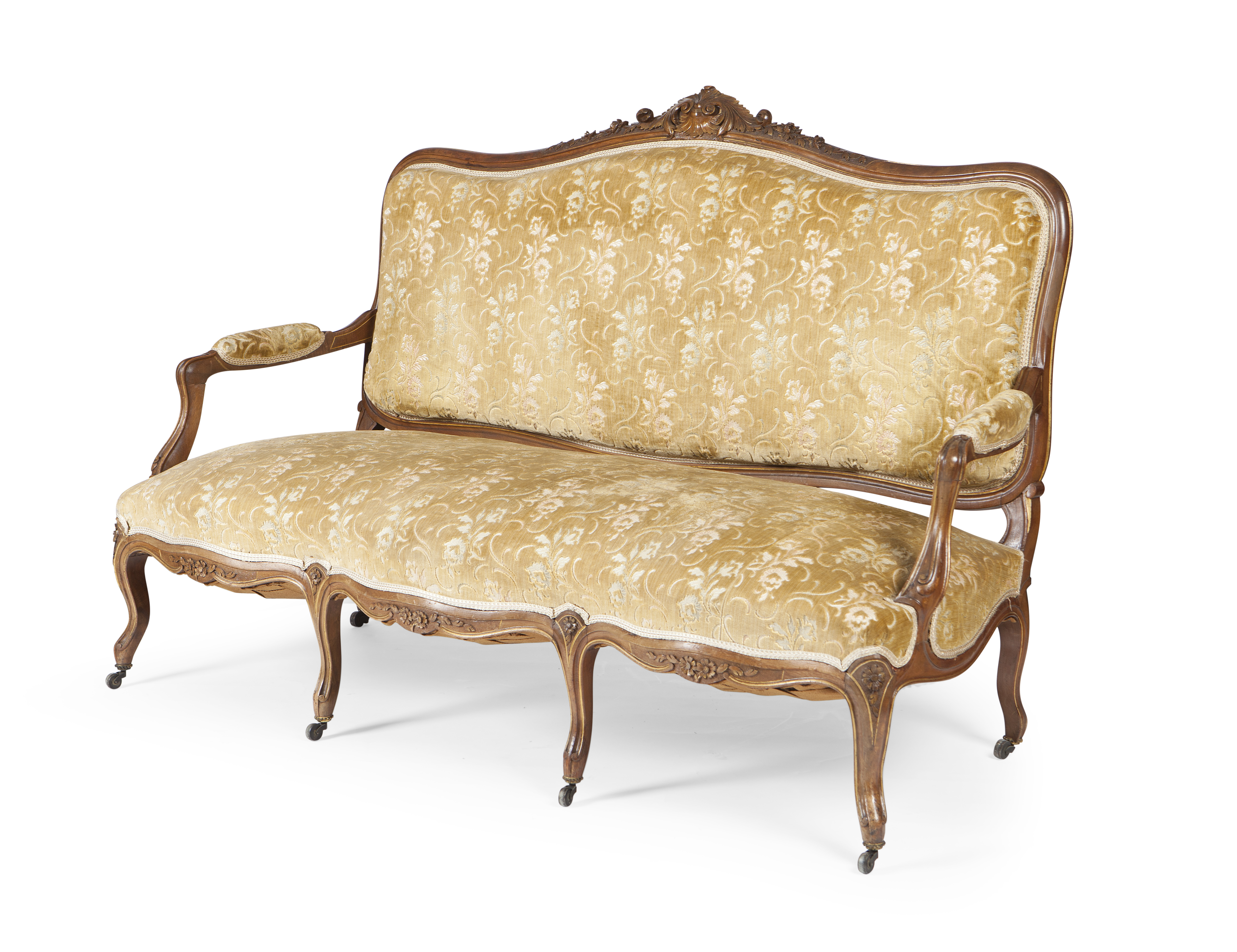 VICTORIAN LOUIS XVI STYLE WALNUT AND UPHOLSTERED SETTEE