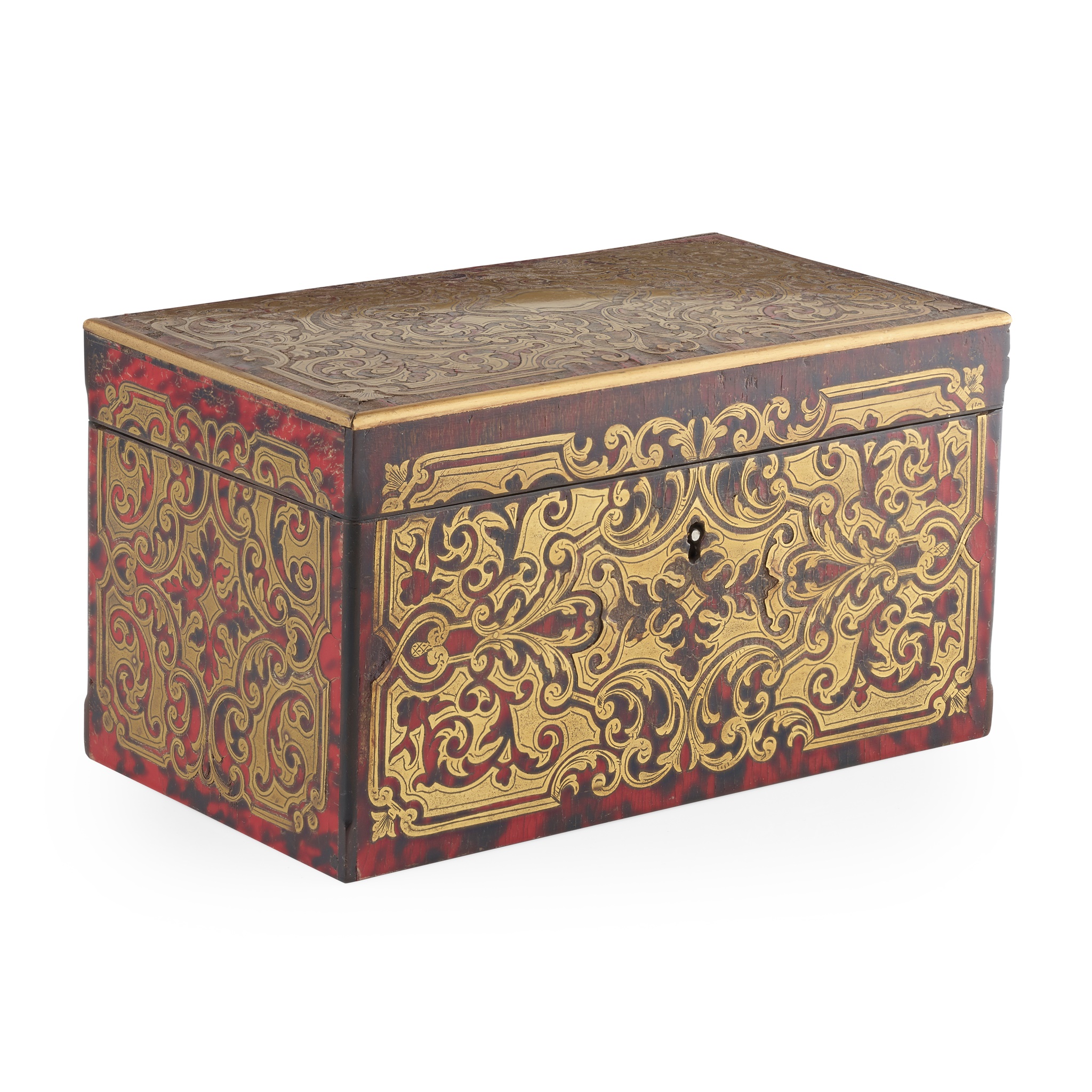 RED TORTOISESHELL AND BRASS BOULLE MARQUETRY TEA CADDY