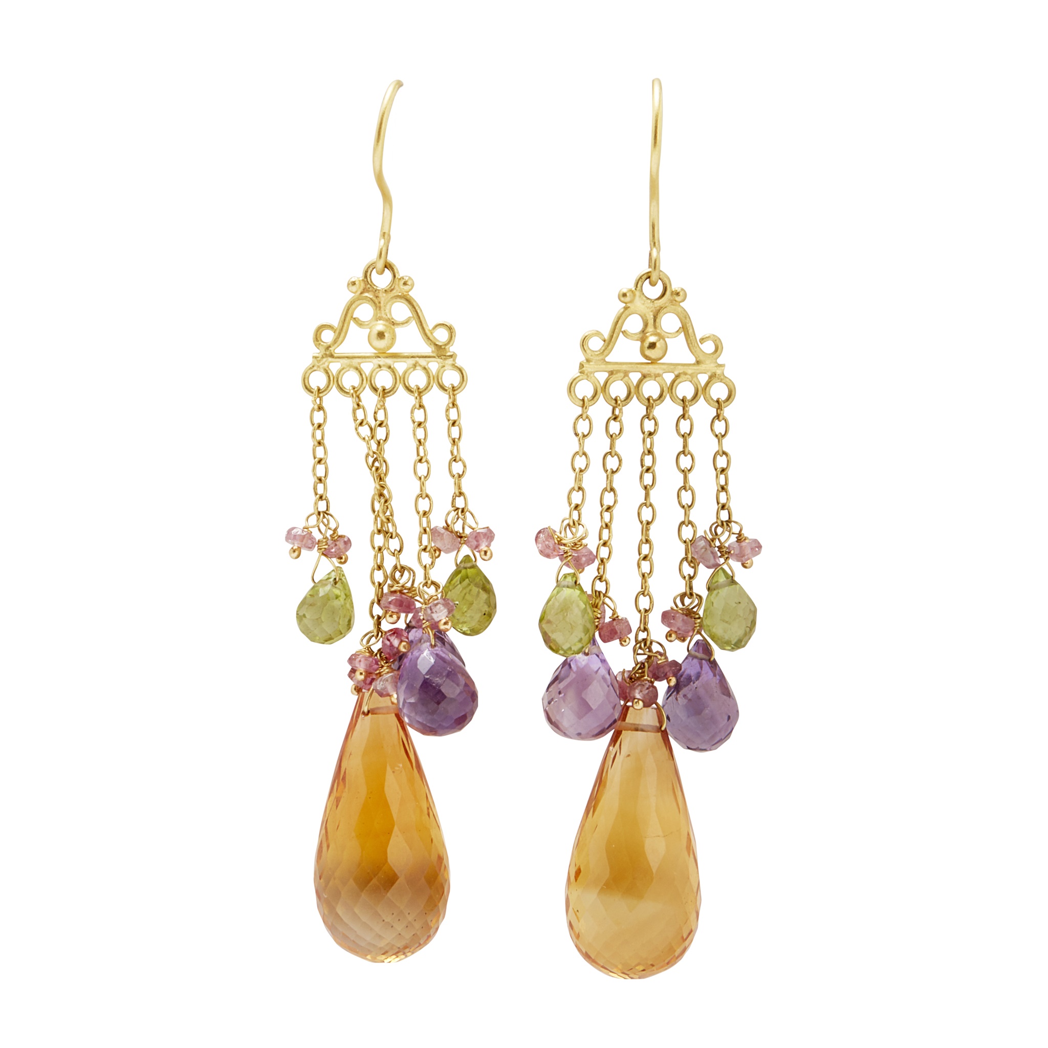 A pair of multi-gem set pendant earrings