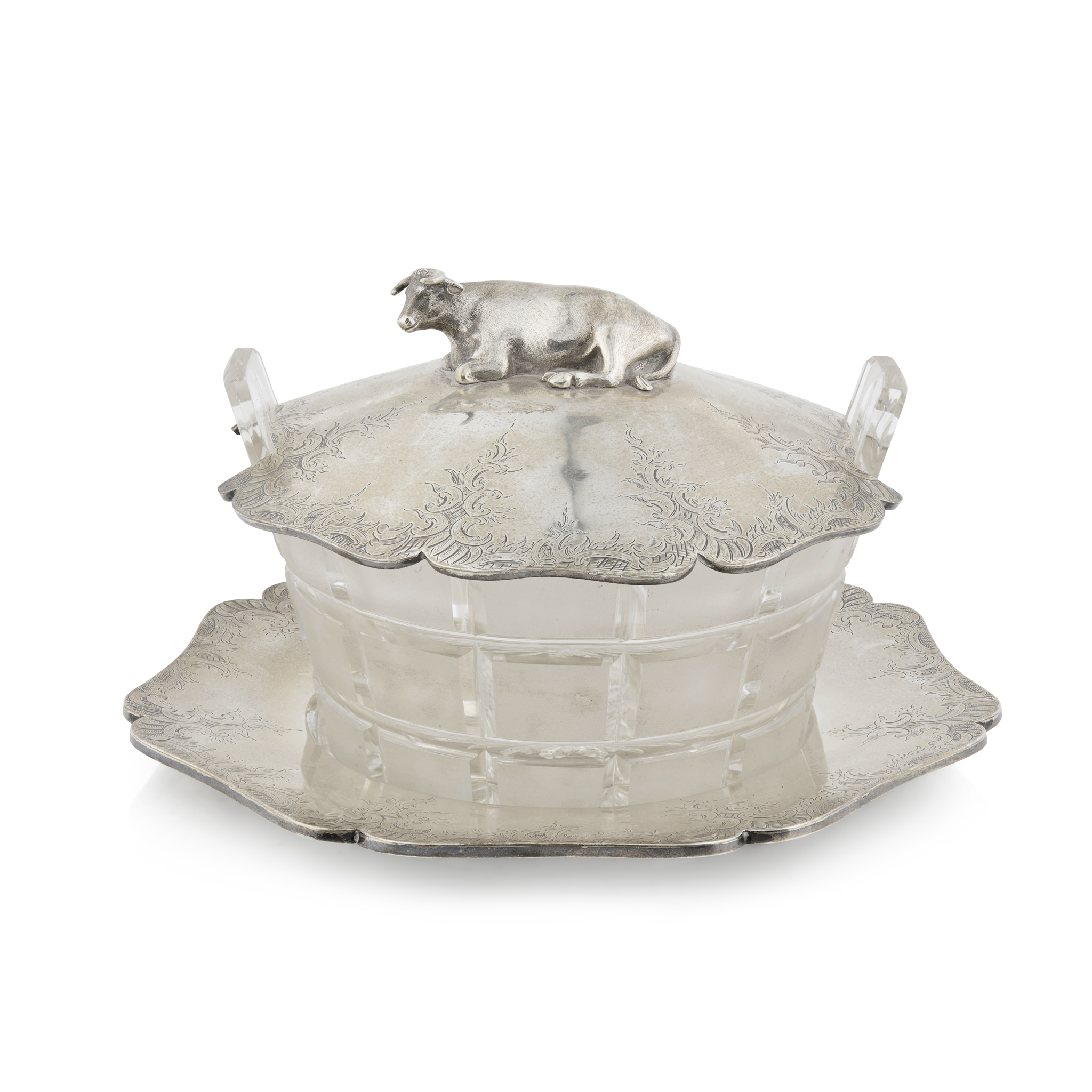 A VICTORIAN SILVER MOUNTED GLASS BUTTER COOLER