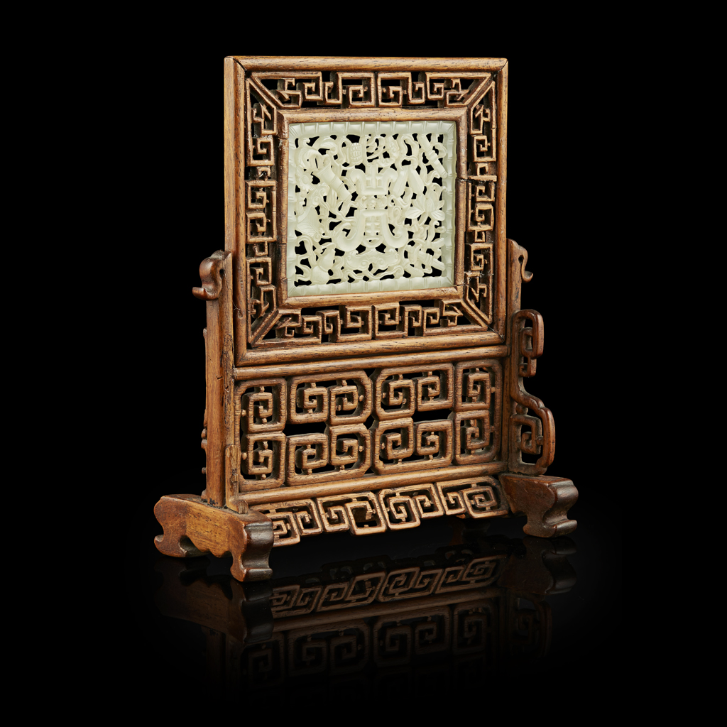 CELADON JADE PLAQUE MOUNTED AS A TABLE SCREEN