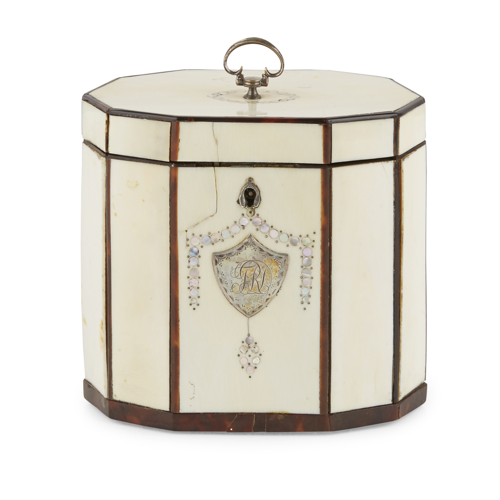 GEORGE III IVORY AND TORTOISESHELL-BANDED TEA CADDY
