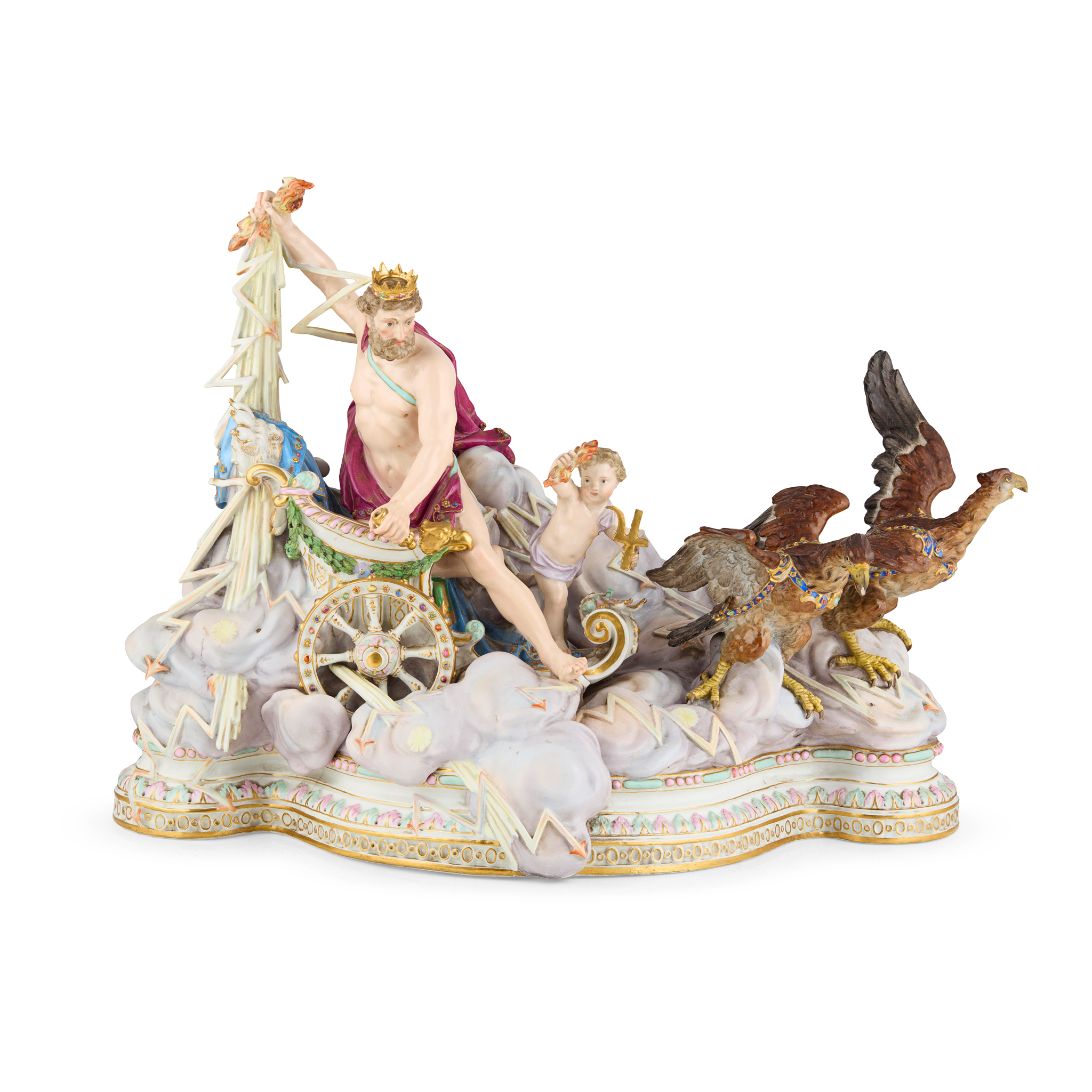 LARGE MEISSEN ALLEGORICAL FIGURE OF JUPITER IN HIS CHARIOT
