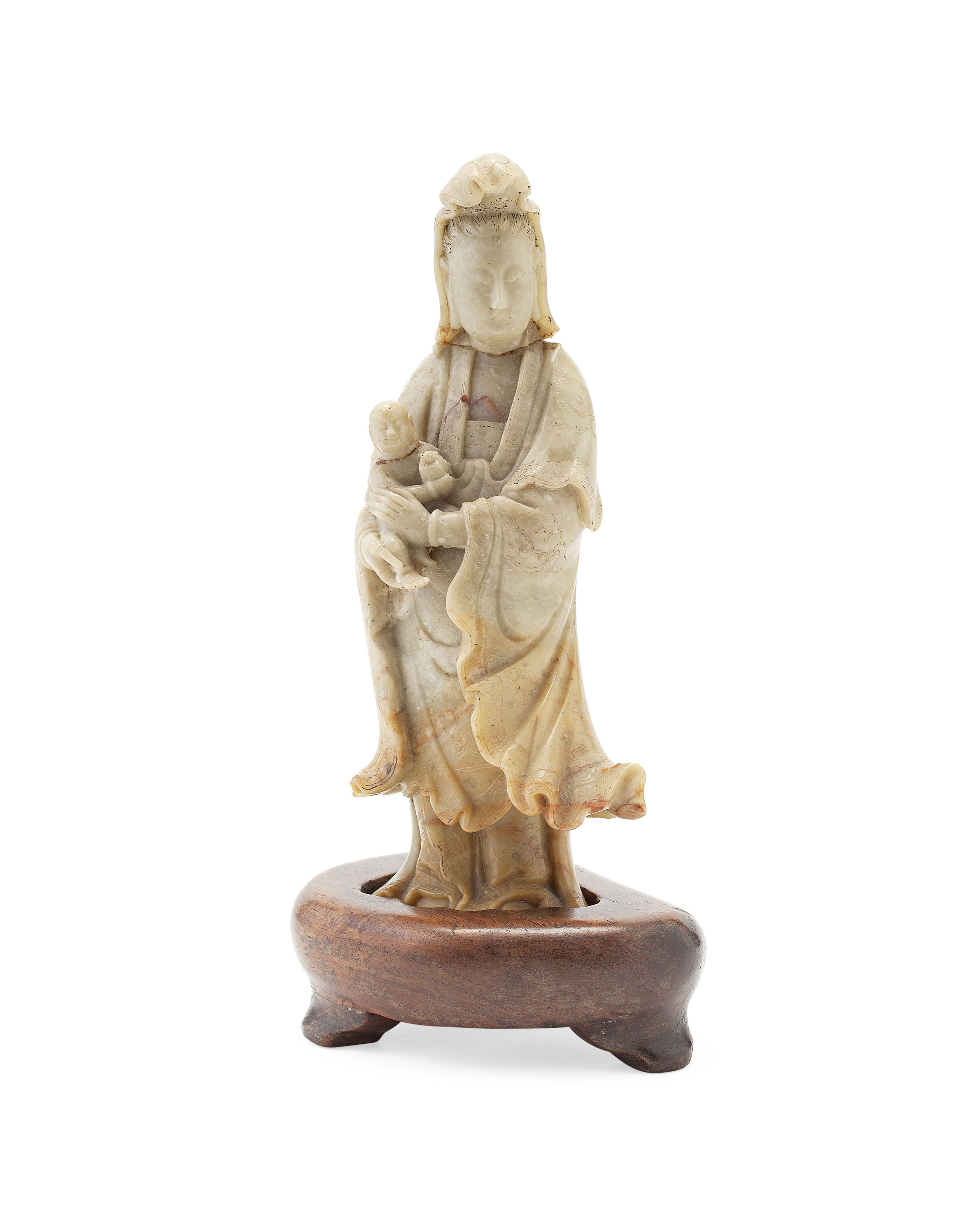 CHINESE CARVED SOAPSTONE FIGURE OF GUANYIN AND INFANT