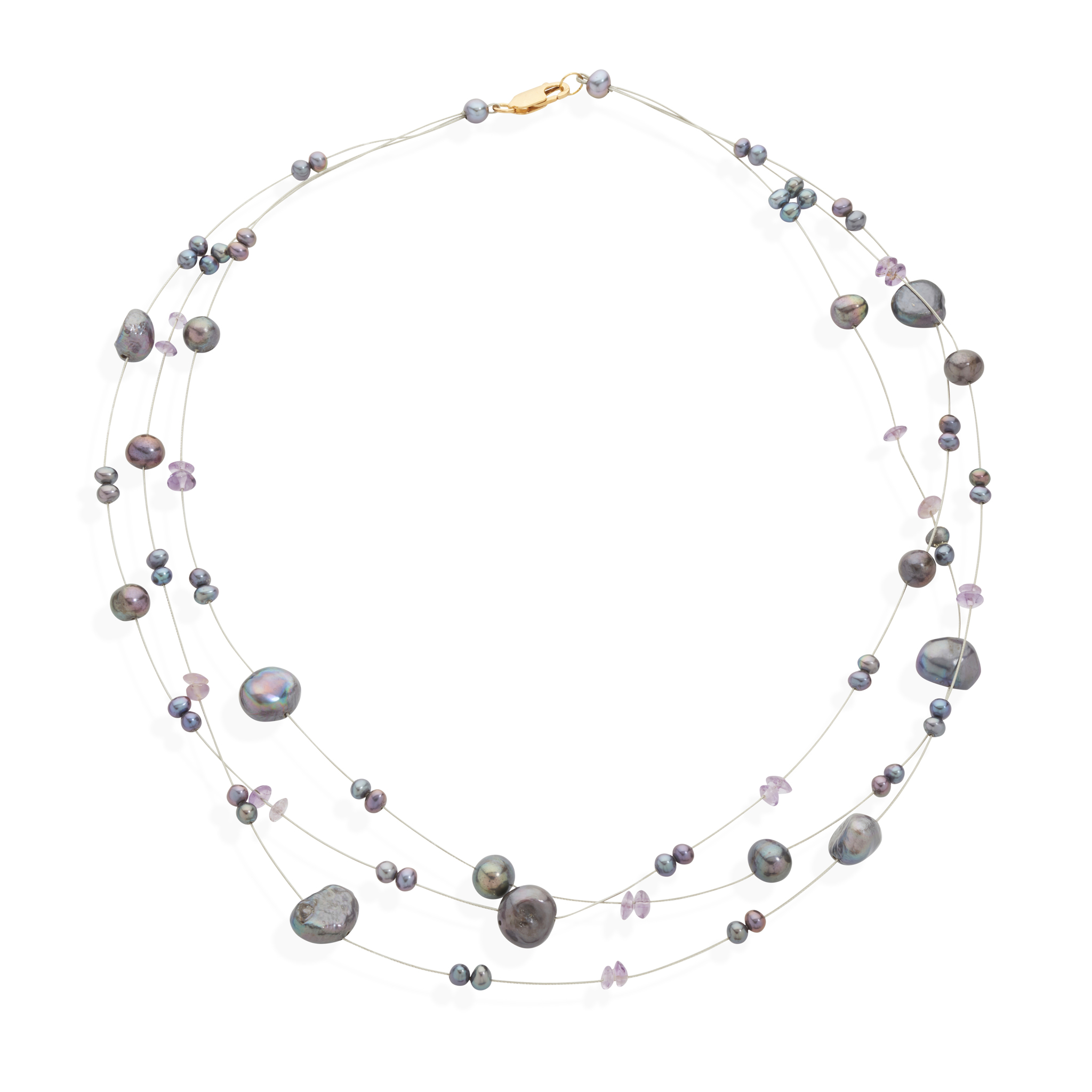A cultured Tahitian pearl and amethyst necklace