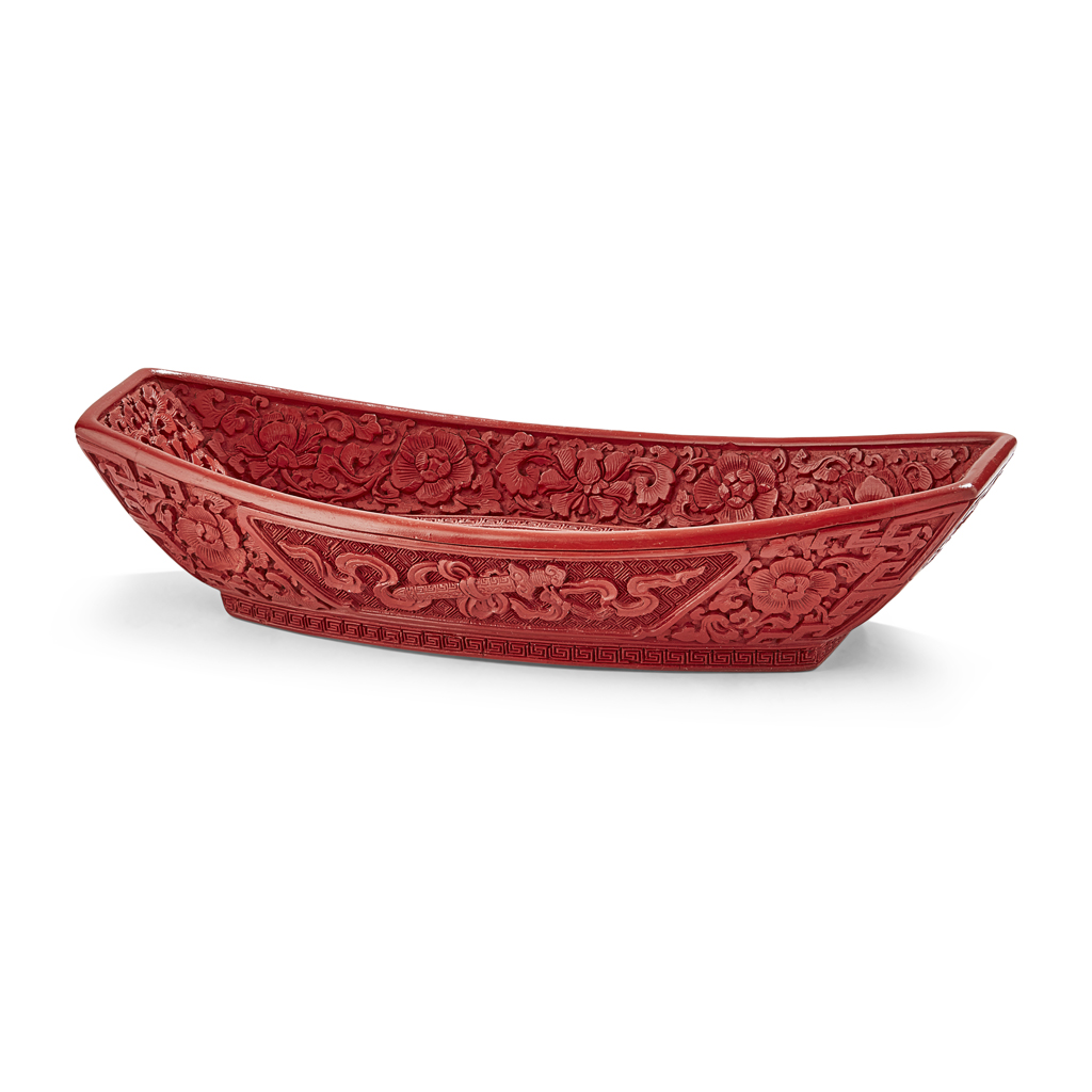 RARE CARVED CINNABAR LACQUER INGOT-SHAPED VESSEL