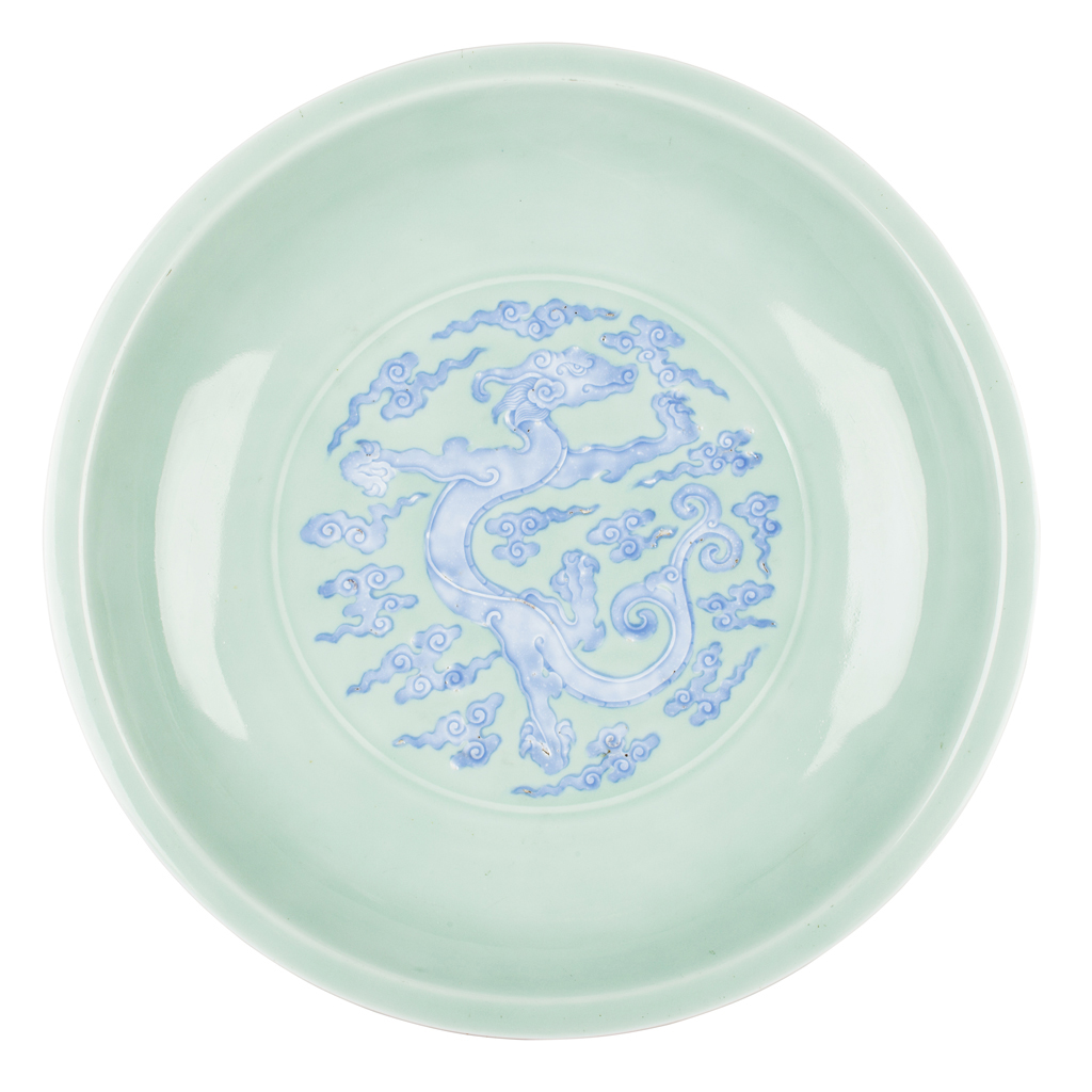 EXCEPTIONALLY RARE CELADON AND BLUE GLAZED DRAGON CHARGER