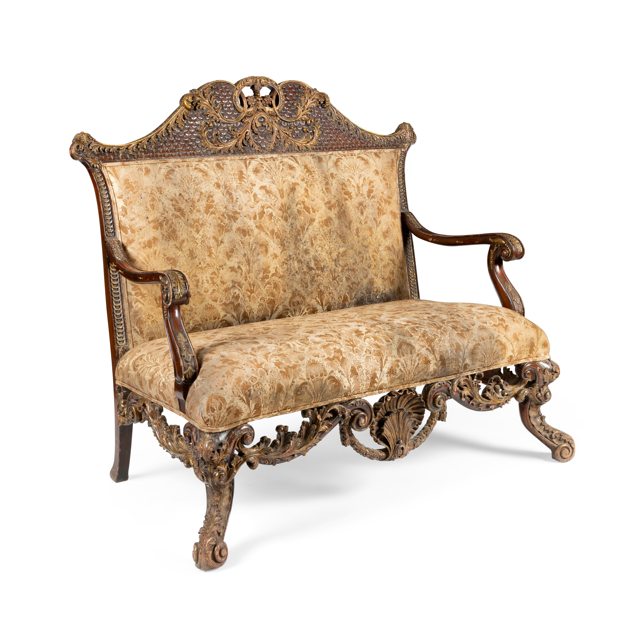 A WILLAIM KENT STYLE MAHOGANY AND GILT WOOD TWO SEAT SOFA